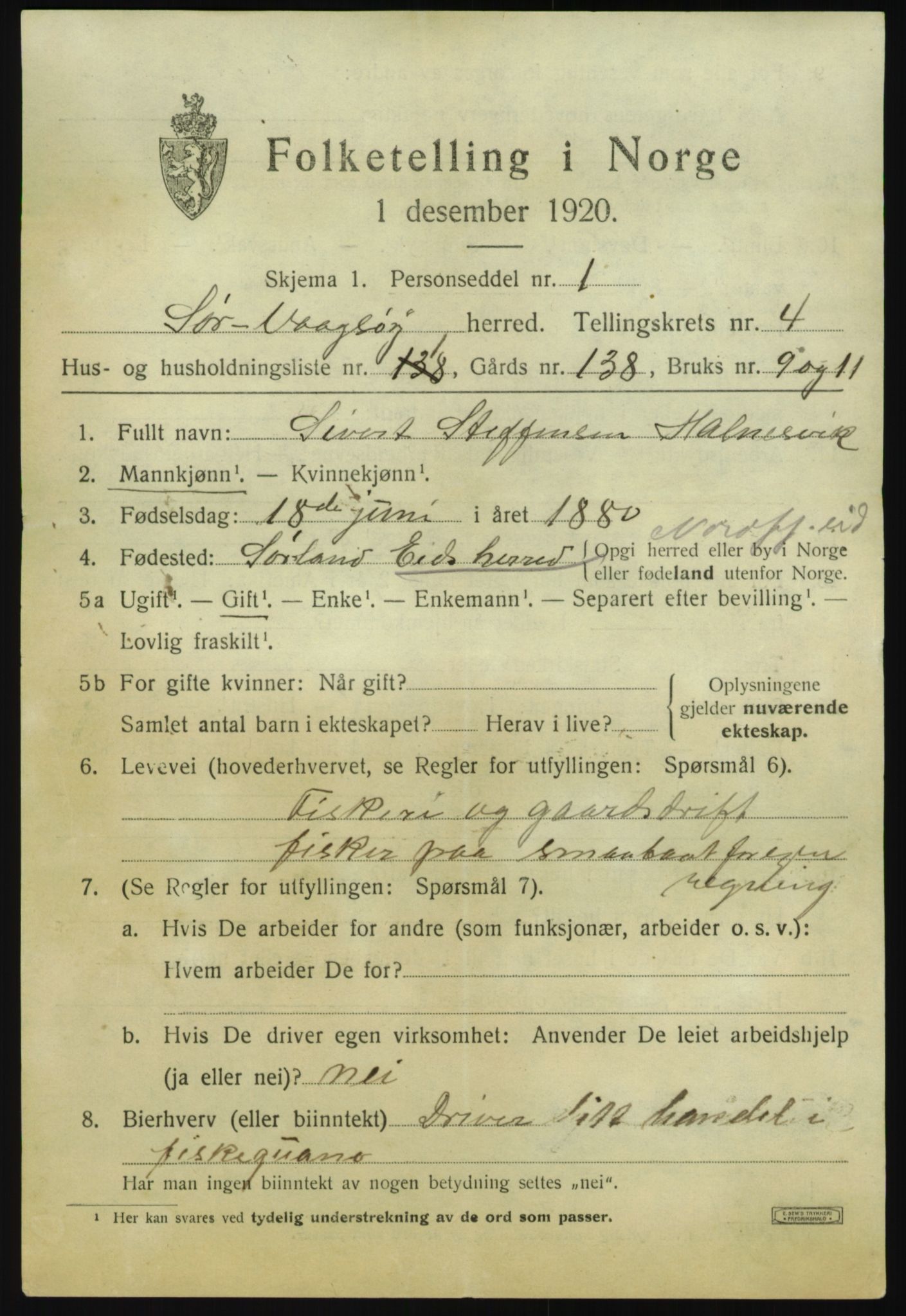 SAB, 1920 census for Sør-Vågsøy, 1920, p. 1820