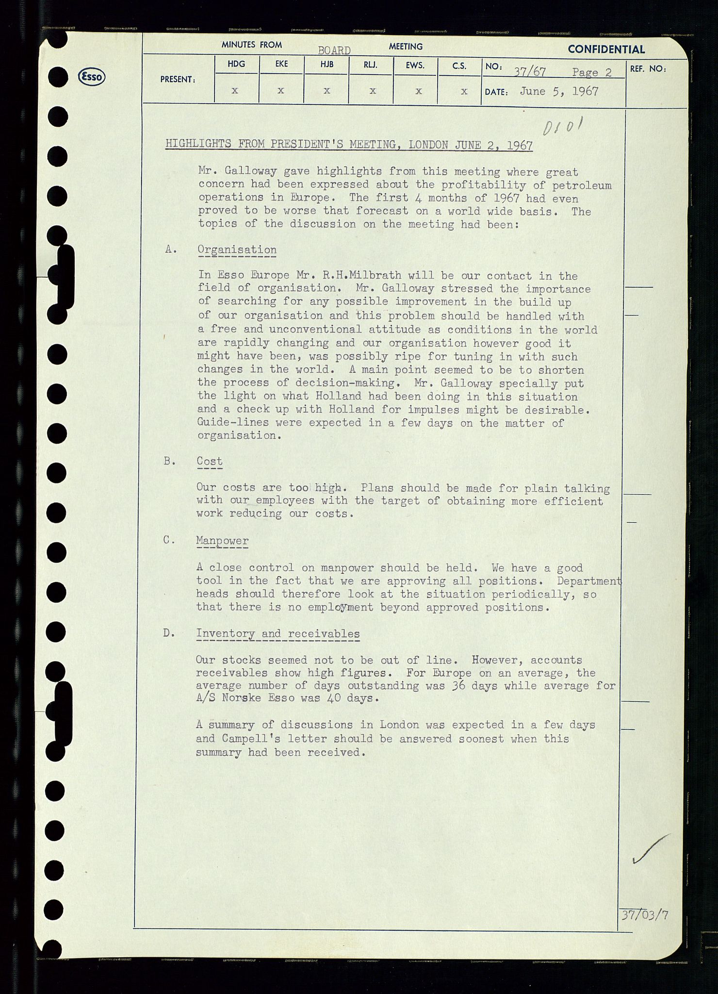 Pa 0982 - Esso Norge A/S, AV/SAST-A-100448/A/Aa/L0002/0003: Den administrerende direksjon Board minutes (styrereferater) / Den administrerende direksjon Board minutes (styrereferater), 1967, p. 75