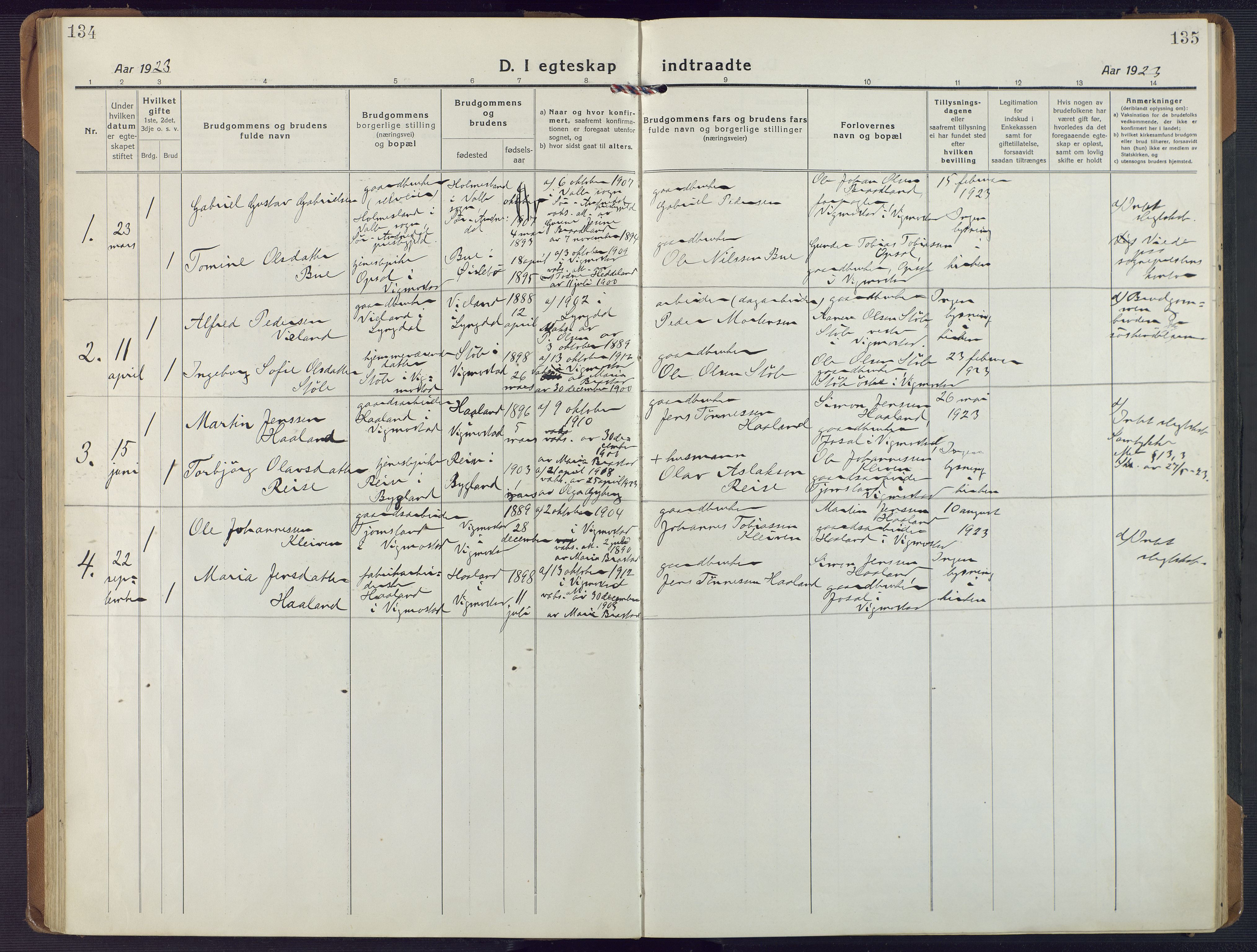 Nord-Audnedal sokneprestkontor, SAK/1111-0032/F/Fa/Fab/L0005: Parish register (official) no. A 5, 1918-1925, p. 134-135