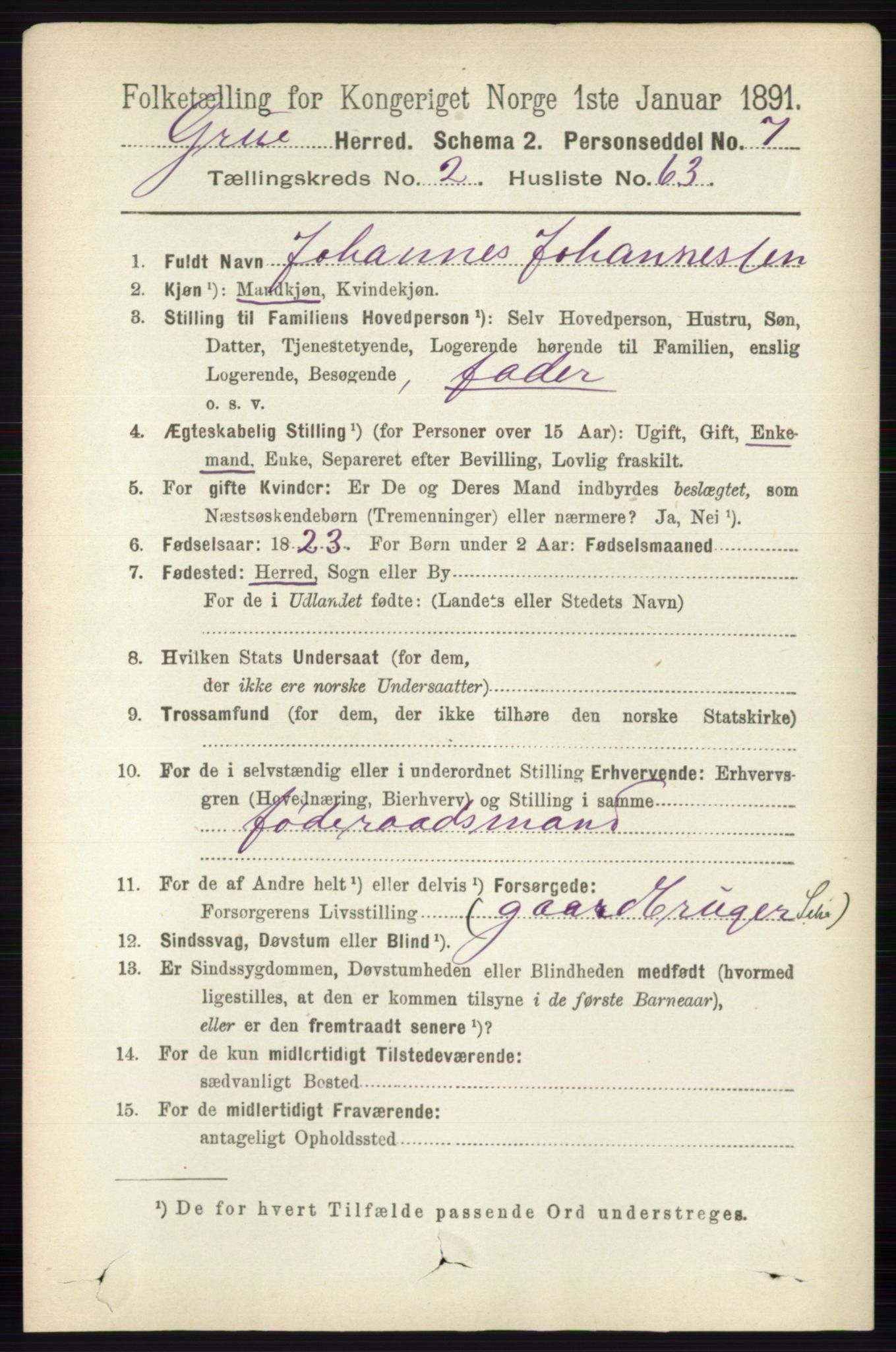 RA, 1891 census for 0423 Grue, 1891, p. 1446