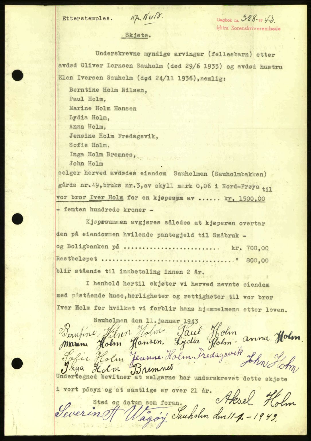 Hitra sorenskriveri, AV/SAT-A-0018/2/2C/2Ca: Mortgage book no. A2, 1943-1945, Diary no: : 388/1943