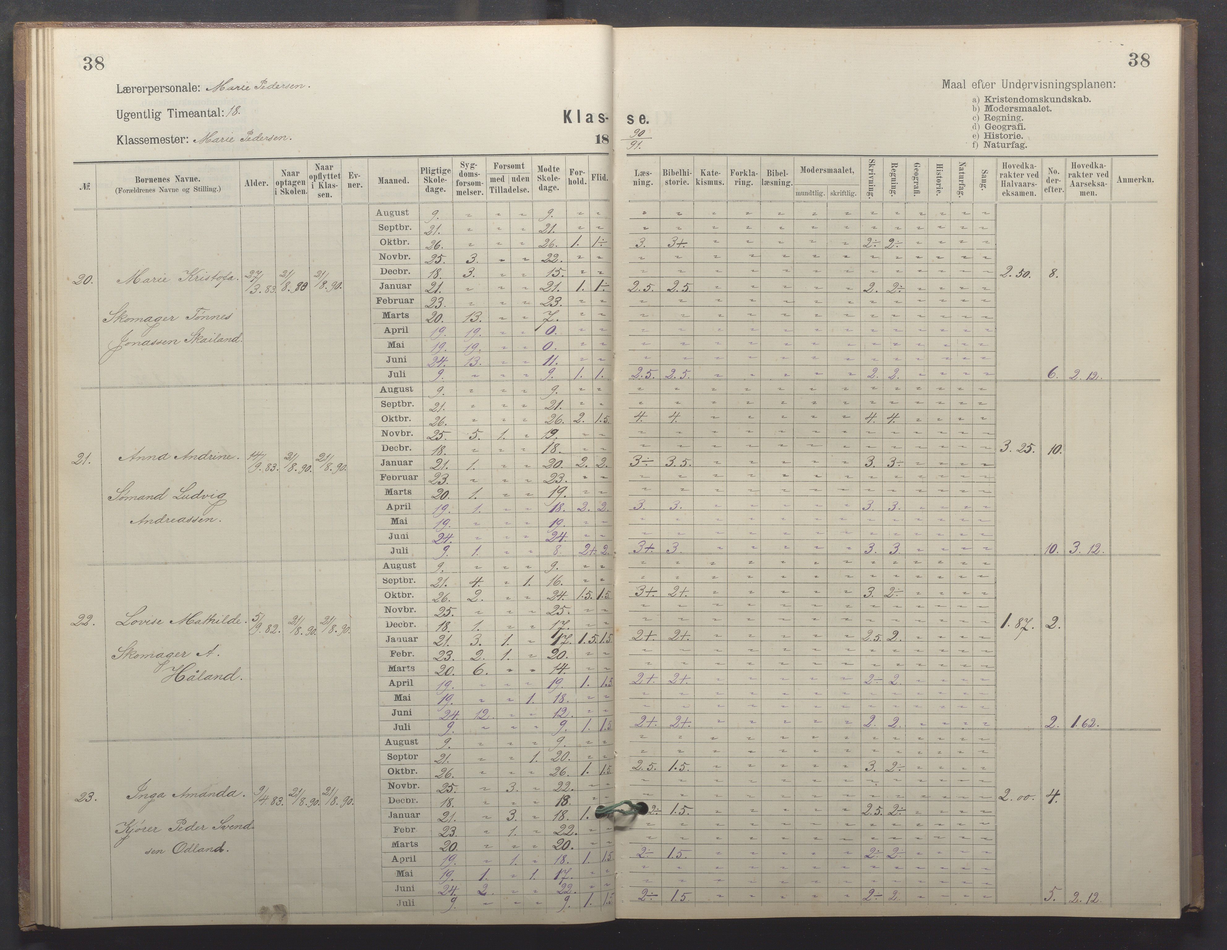 Egersund kommune (Ladested) - Egersund almueskole/folkeskole, IKAR/K-100521/H/L0026: Skoleprotokoll - Almueskolen, 1. klasse, 1889-1893, p. 38