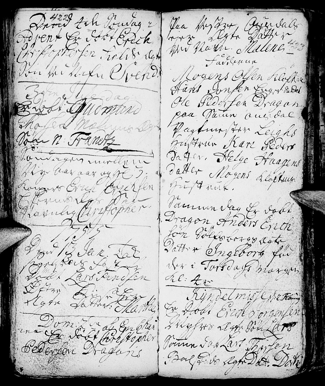 Nes prestekontor, Hedmark, AV/SAH-PREST-020/L/La/L0001: Parish register (copy) no. 1, 1663-1784, p. 422-423