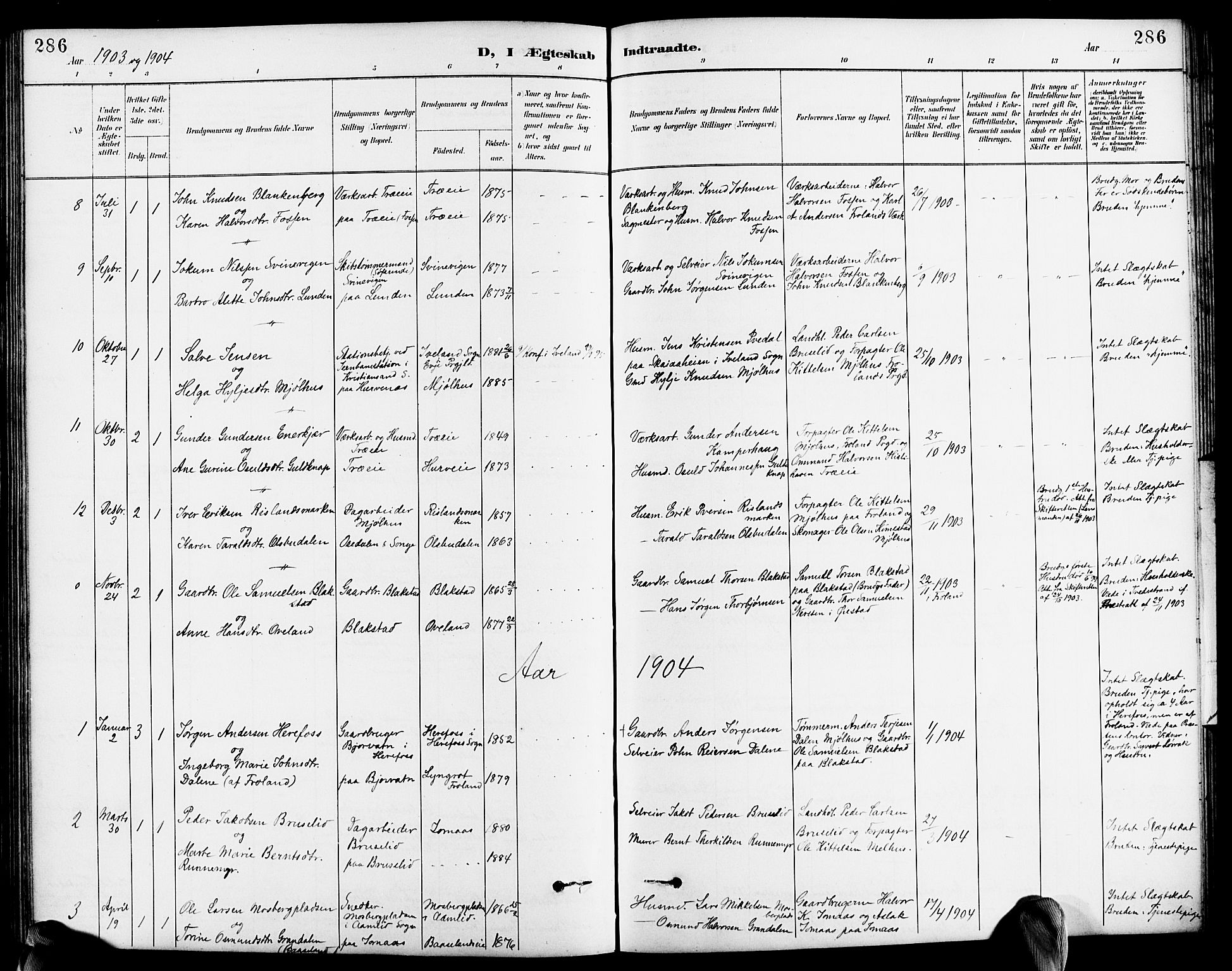 Froland sokneprestkontor, AV/SAK-1111-0013/F/Fb/L0010: Parish register (copy) no. B 10, 1893-1920, p. 286