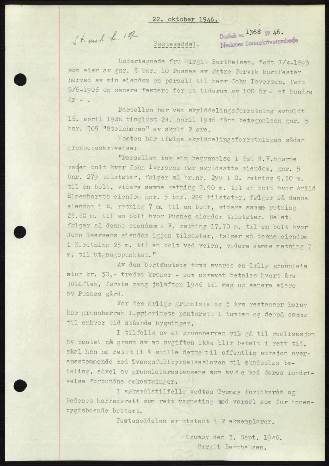 Nedenes sorenskriveri, SAK/1221-0006/G/Gb/Gba/L0056: Mortgage book no. A8, 1946-1947, Diary no: : 1368/1946