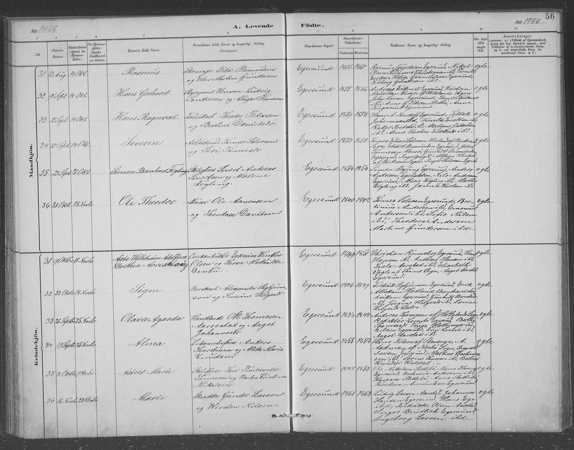 Eigersund sokneprestkontor, AV/SAST-A-101807/S09/L0008: Parish register (copy) no. B 8, 1882-1892, p. 56