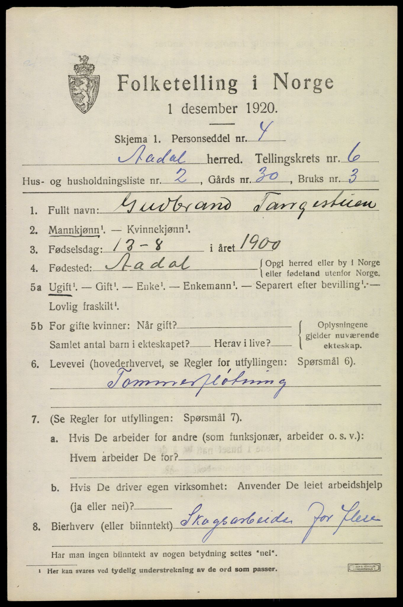 SAKO, 1920 census for Ådal, 1920, p. 4638