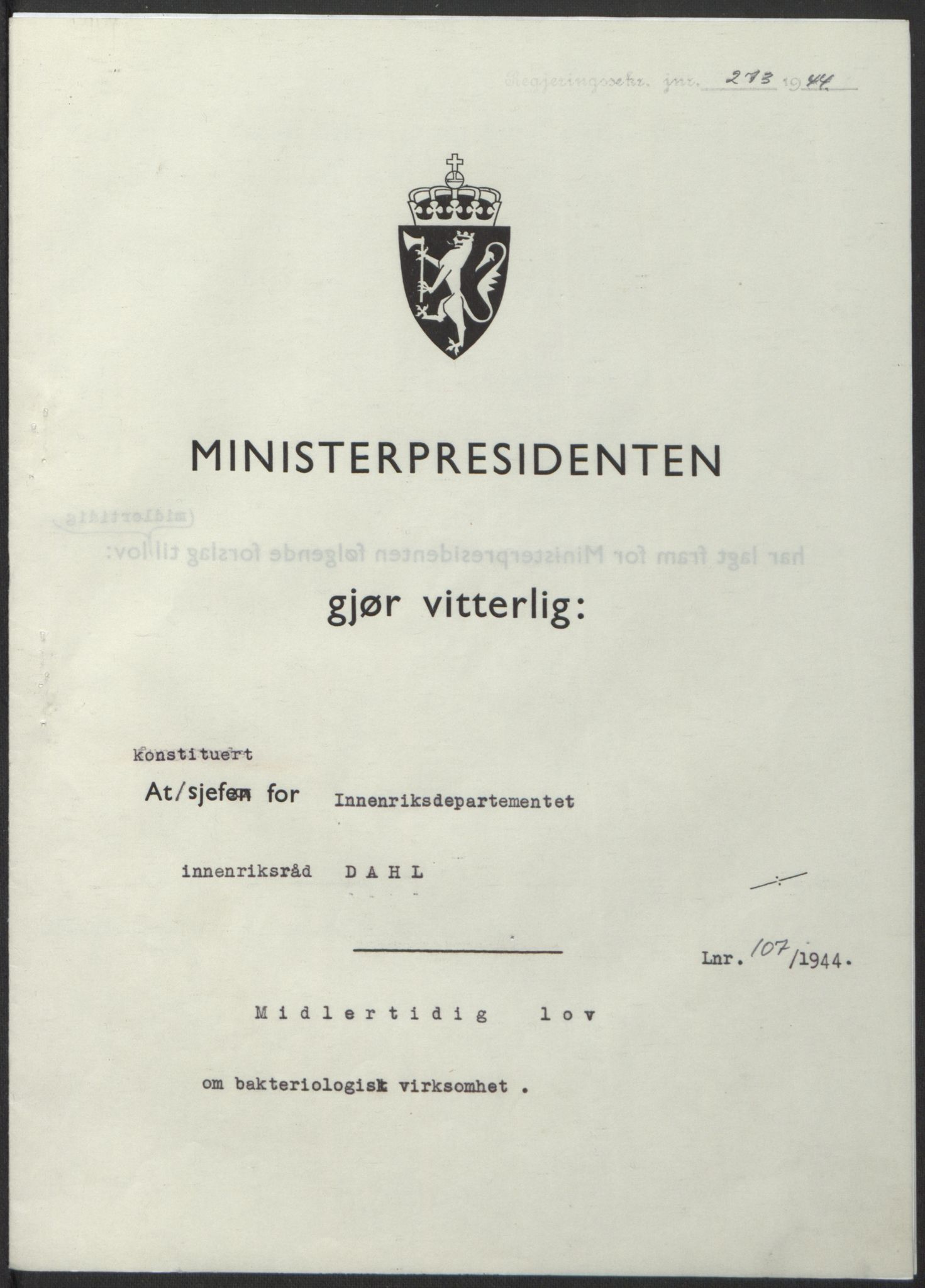 NS-administrasjonen 1940-1945 (Statsrådsekretariatet, de kommisariske statsråder mm), RA/S-4279/D/Db/L0100: Lover, 1944, p. 505