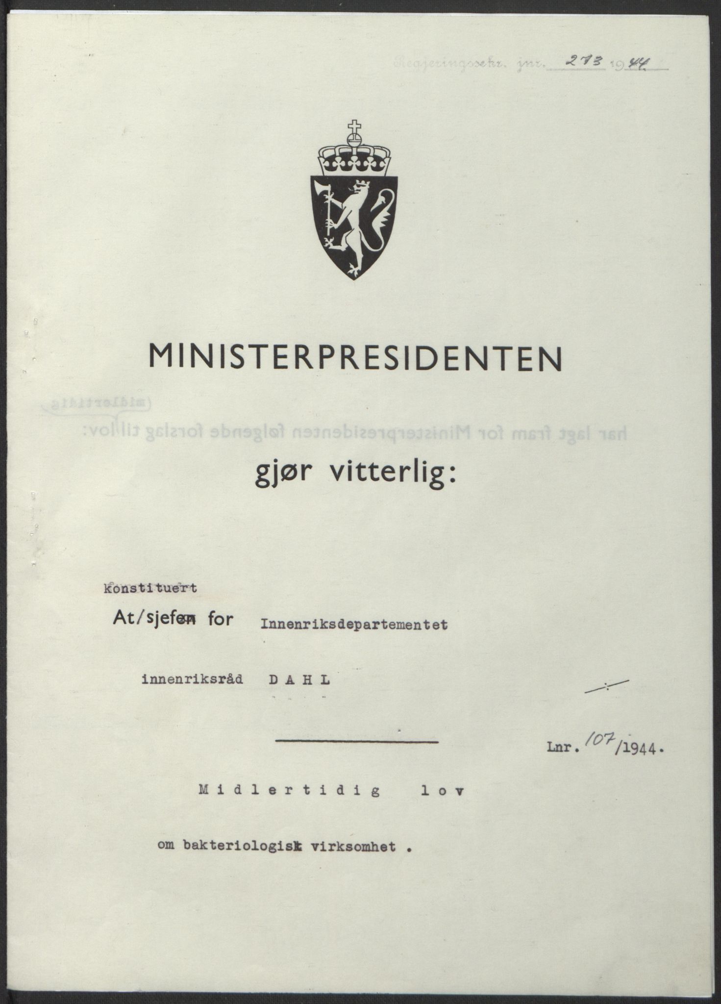 NS-administrasjonen 1940-1945 (Statsrådsekretariatet, de kommisariske statsråder mm), AV/RA-S-4279/D/Db/L0100: Lover, 1944, p. 505