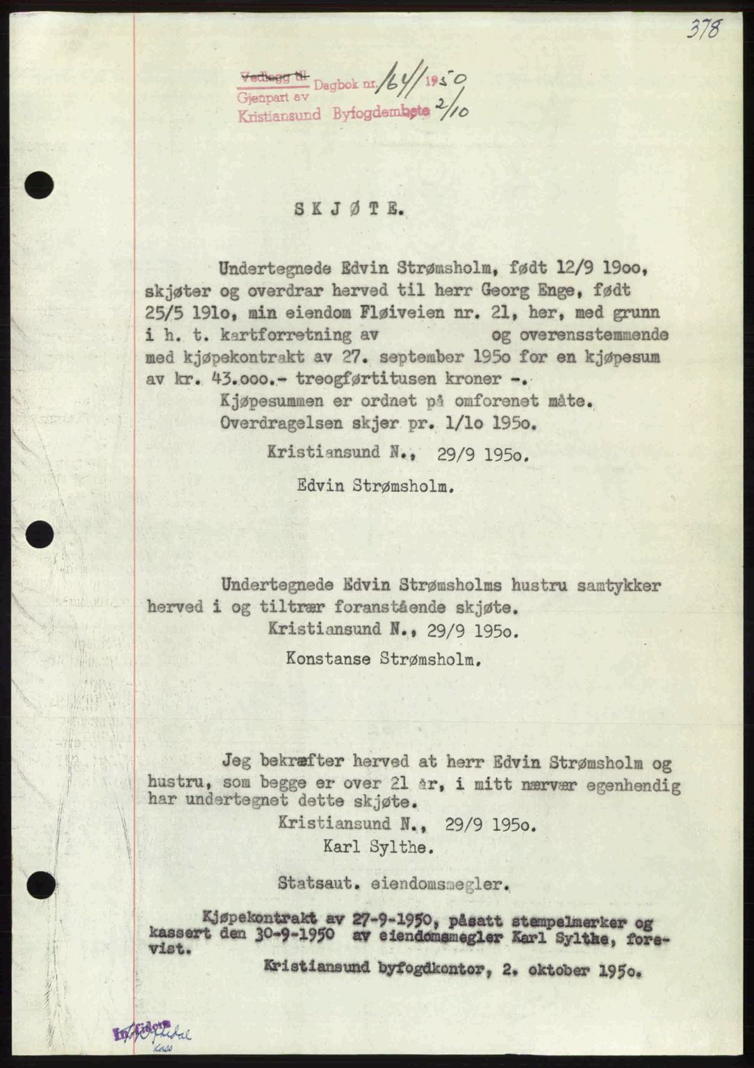Kristiansund byfogd, AV/SAT-A-4587/A/27: Mortgage book no. 46, 1949-1950, Diary no: : 1641/1950