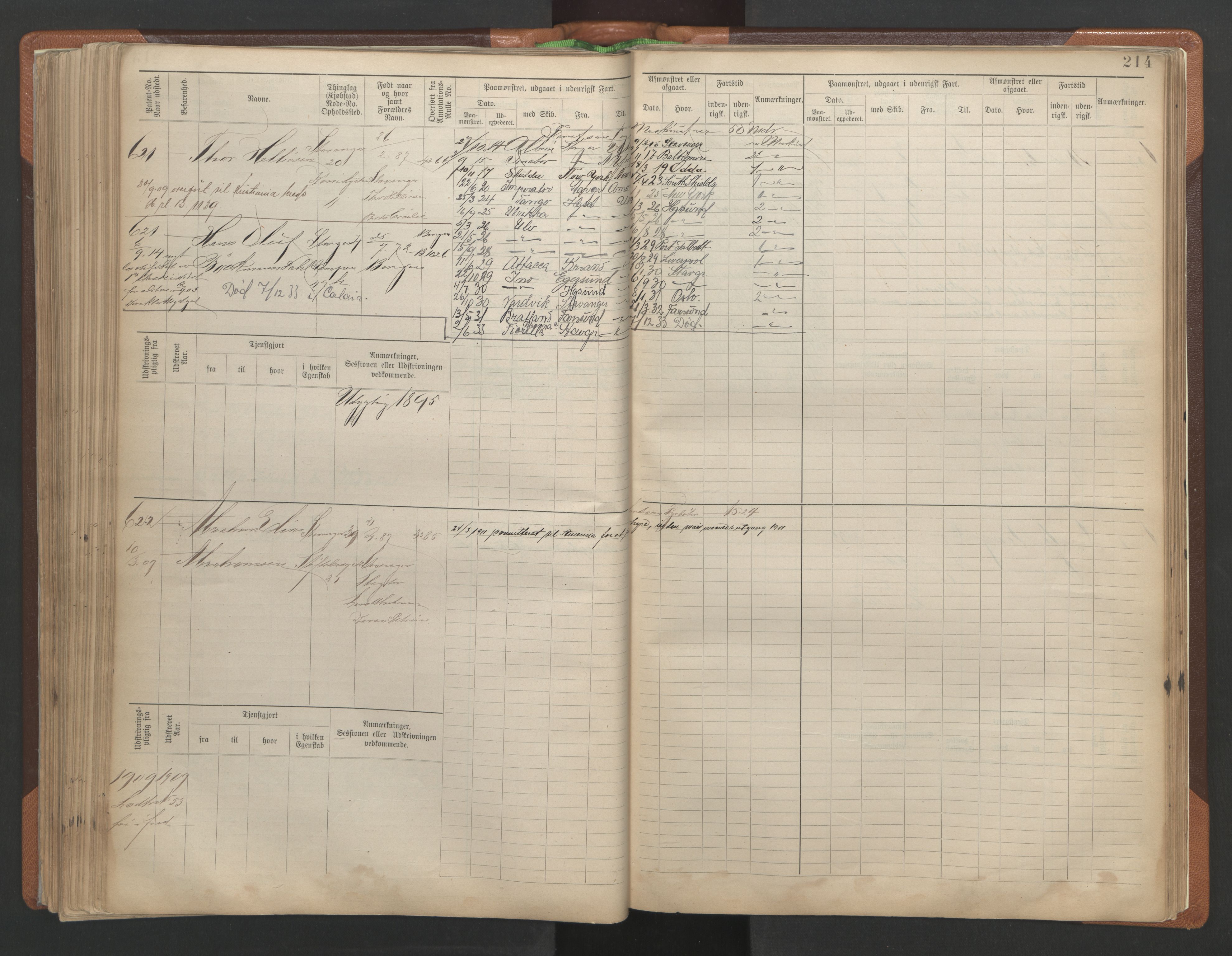 Stavanger sjømannskontor, SAST/A-102006/F/Fe/L0002: Maskinist- og fyrbøterrulle, patentnr. 195-781, 1893-1922, p. 219