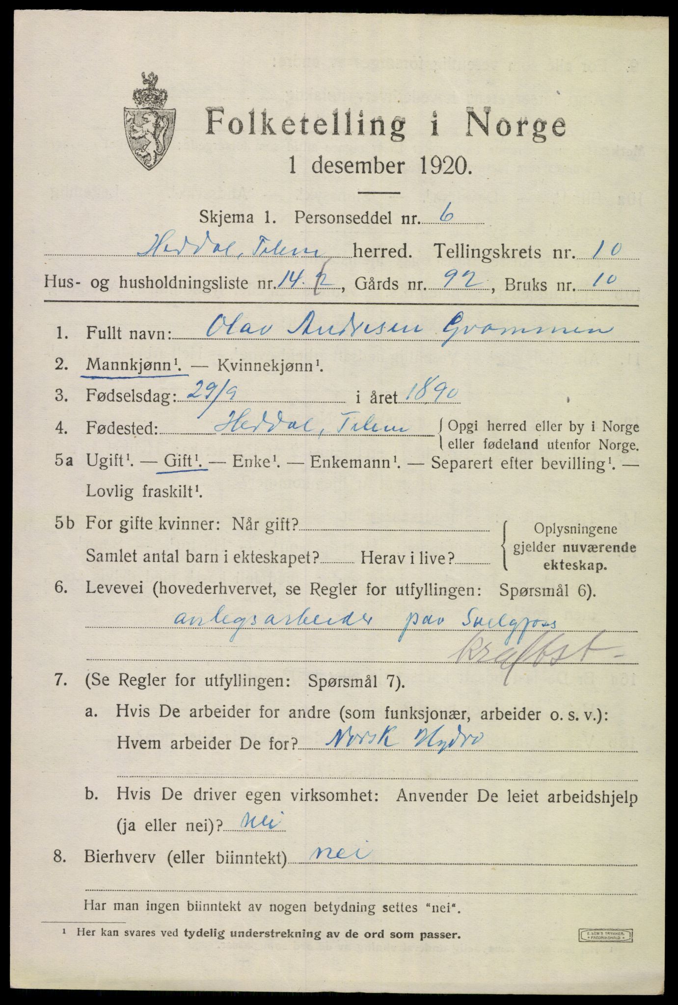 SAKO, 1920 census for Heddal, 1920, p. 7194