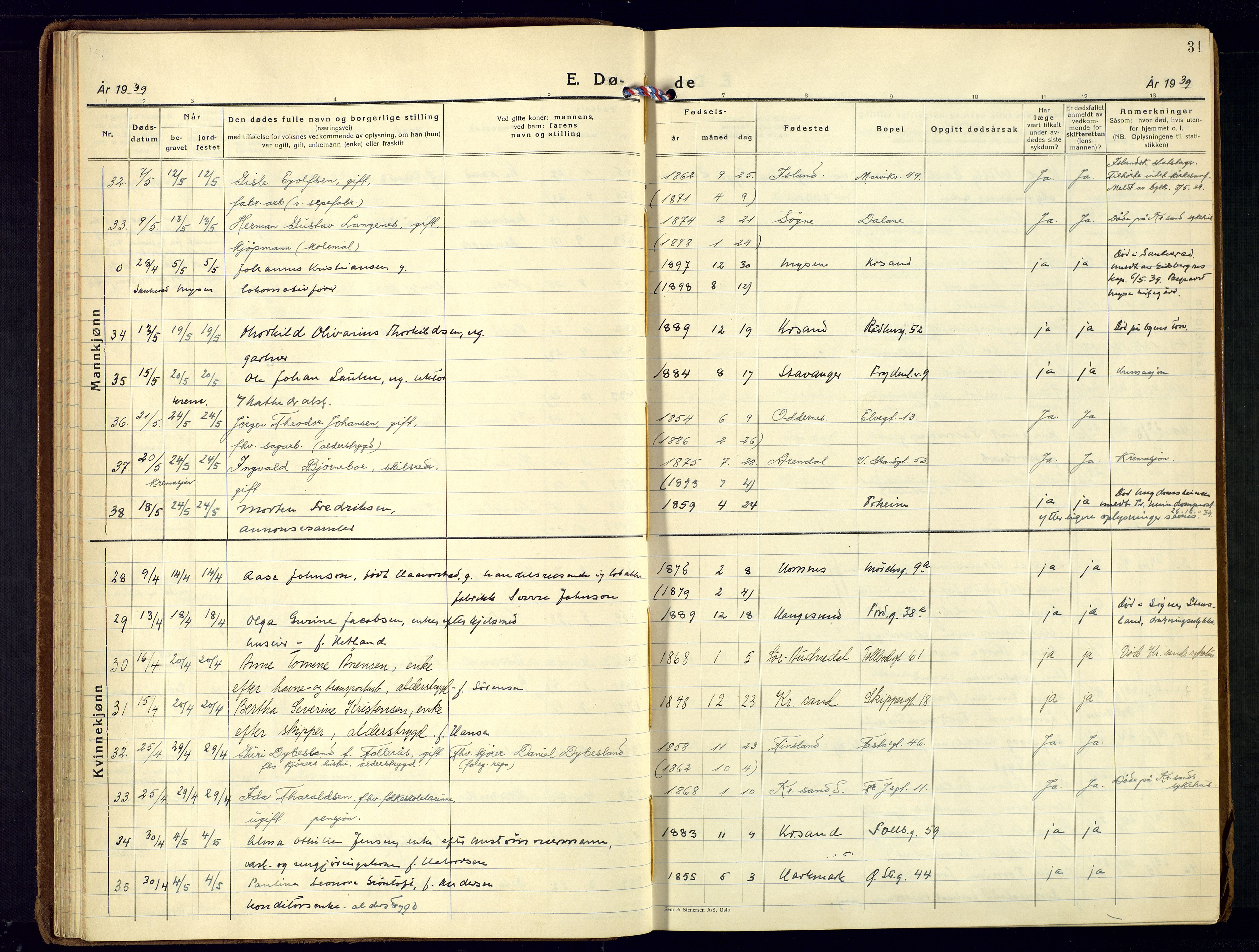 Kristiansand domprosti, AV/SAK-1112-0006/F/Fa/L0037: Parish register (official) no. A-36, 1937-1947, p. 31