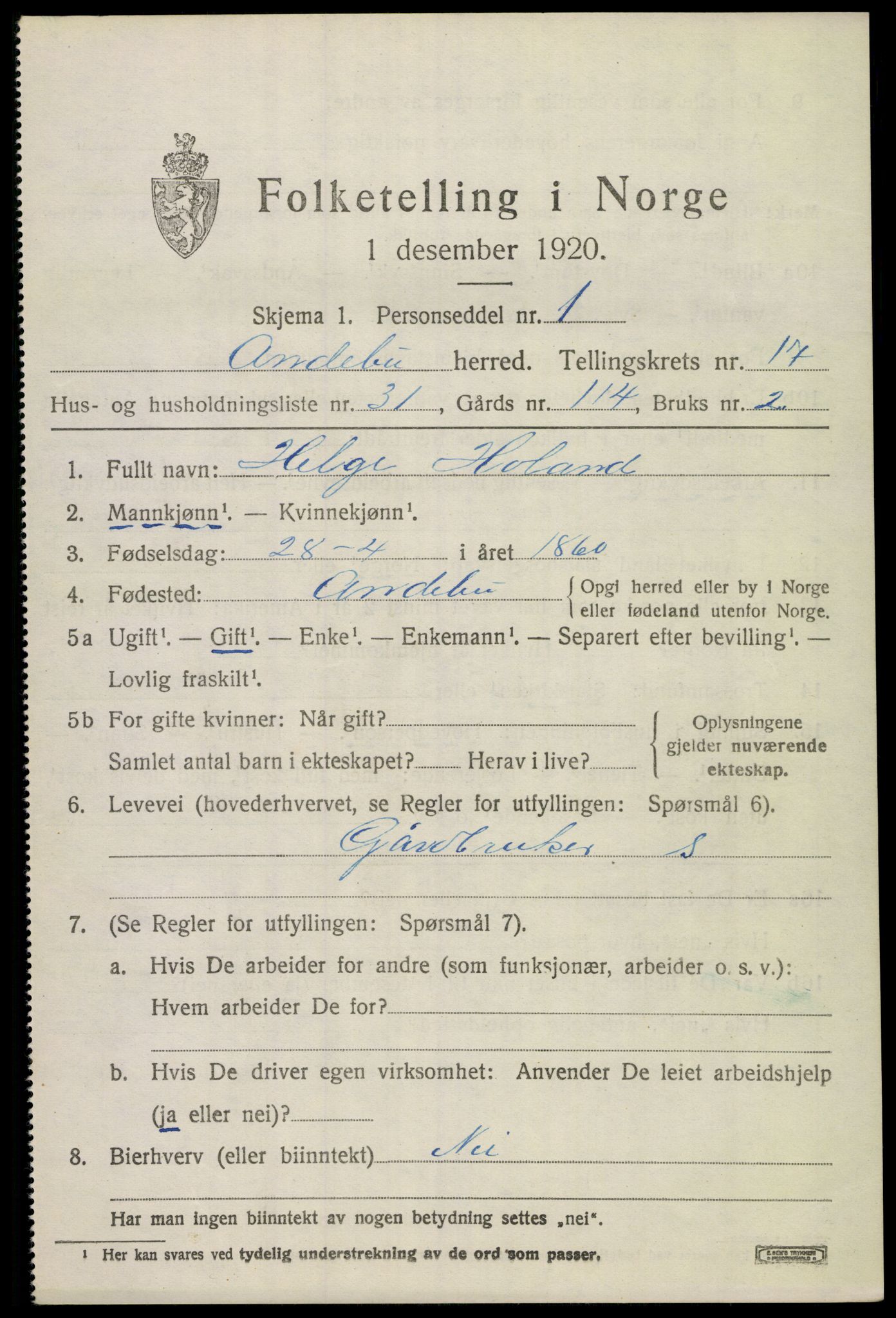 SAKO, 1920 census for Andebu, 1920, p. 6030