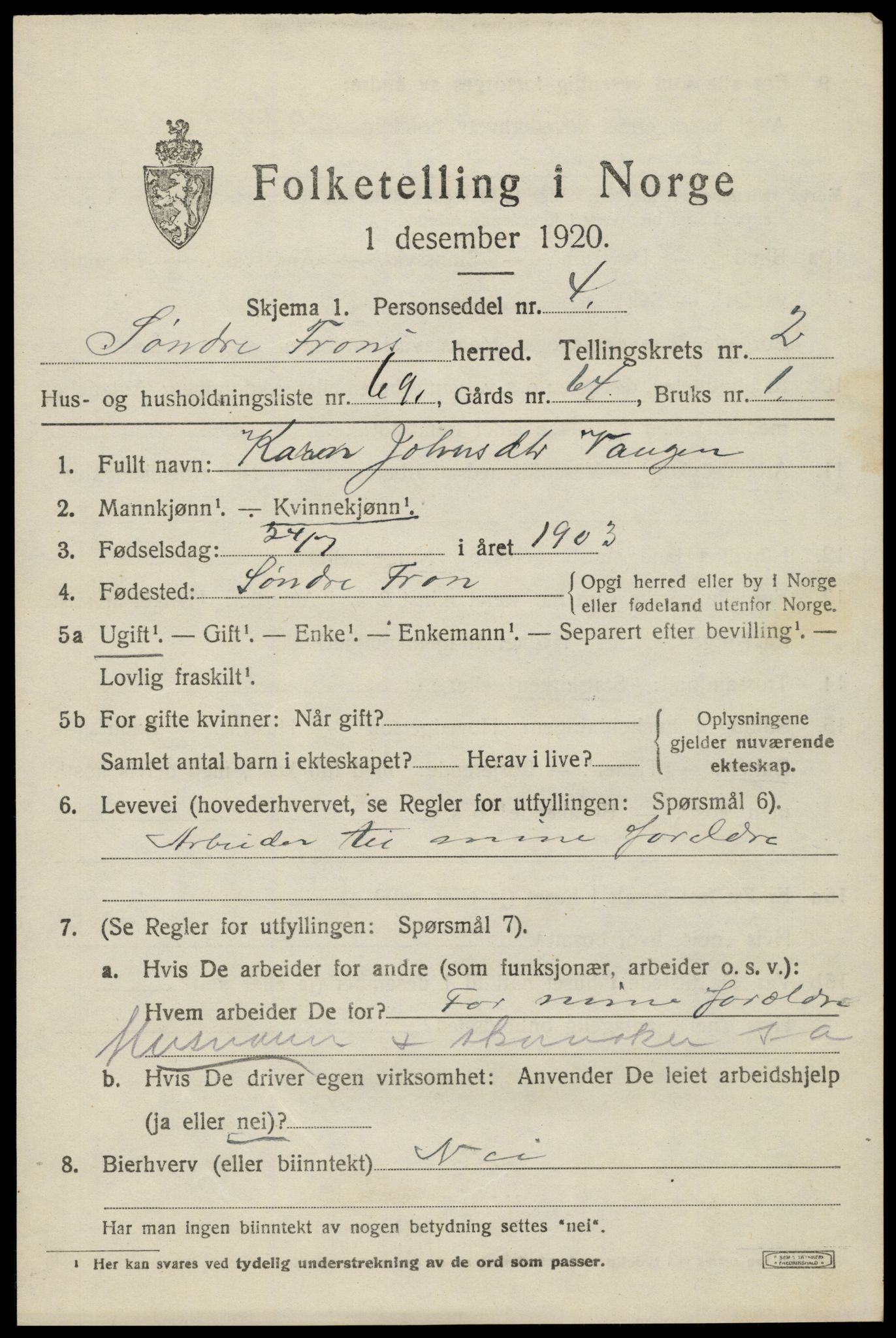 SAH, 1920 census for Sør-Fron, 1920, p. 2723