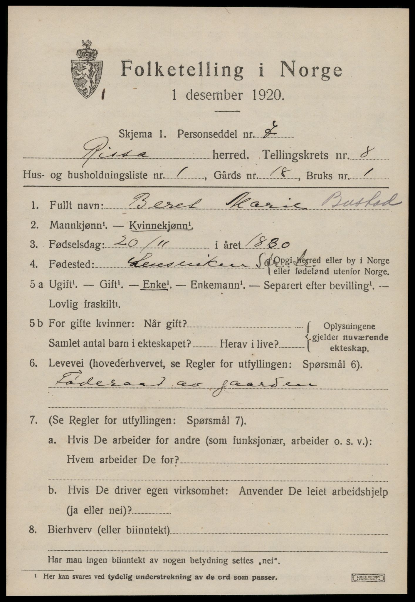 SAT, 1920 census for Rissa, 1920, p. 5473