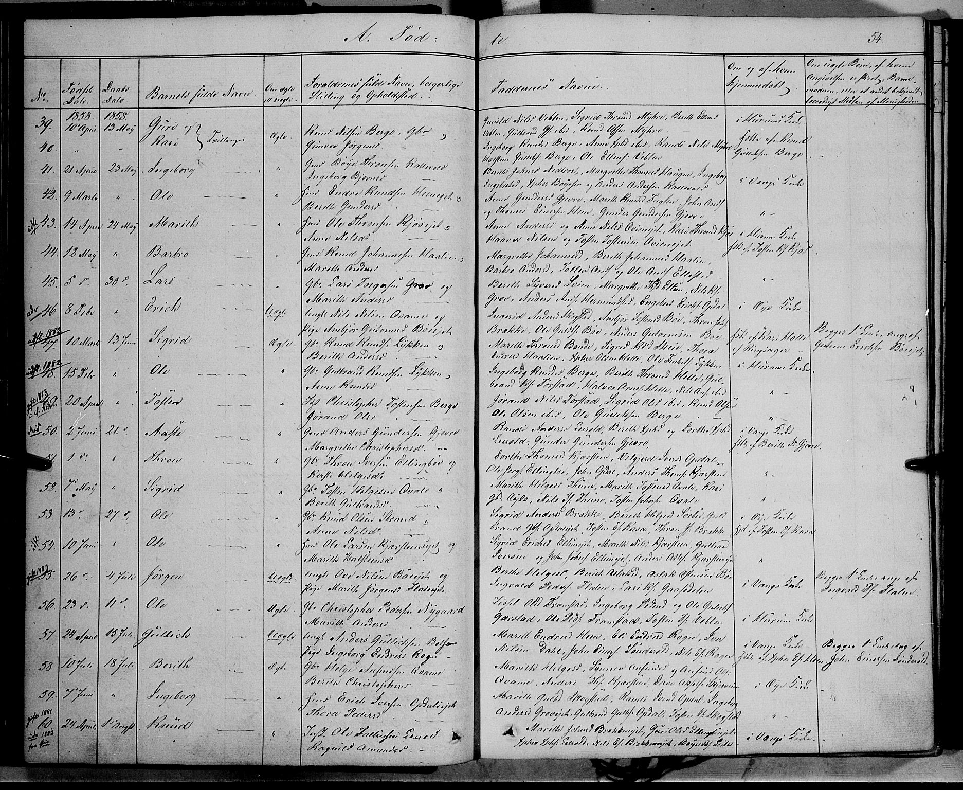 Vang prestekontor, Valdres, SAH/PREST-140/H/Ha/L0006: Parish register (official) no. 6, 1846-1864, p. 54