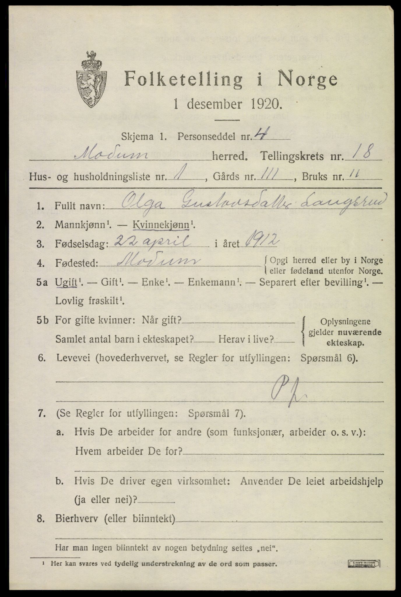 SAKO, 1920 census for Modum, 1920, p. 21009