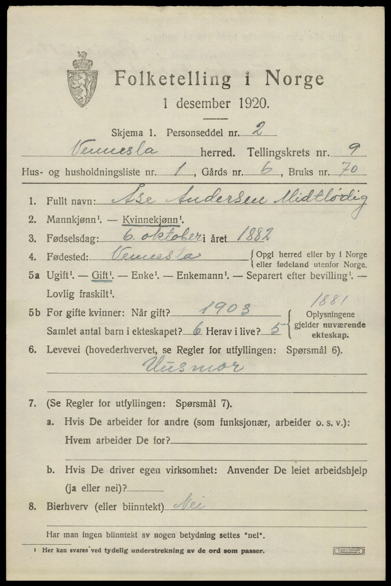 SAK, 1920 census for Vennesla, 1920, p. 6378