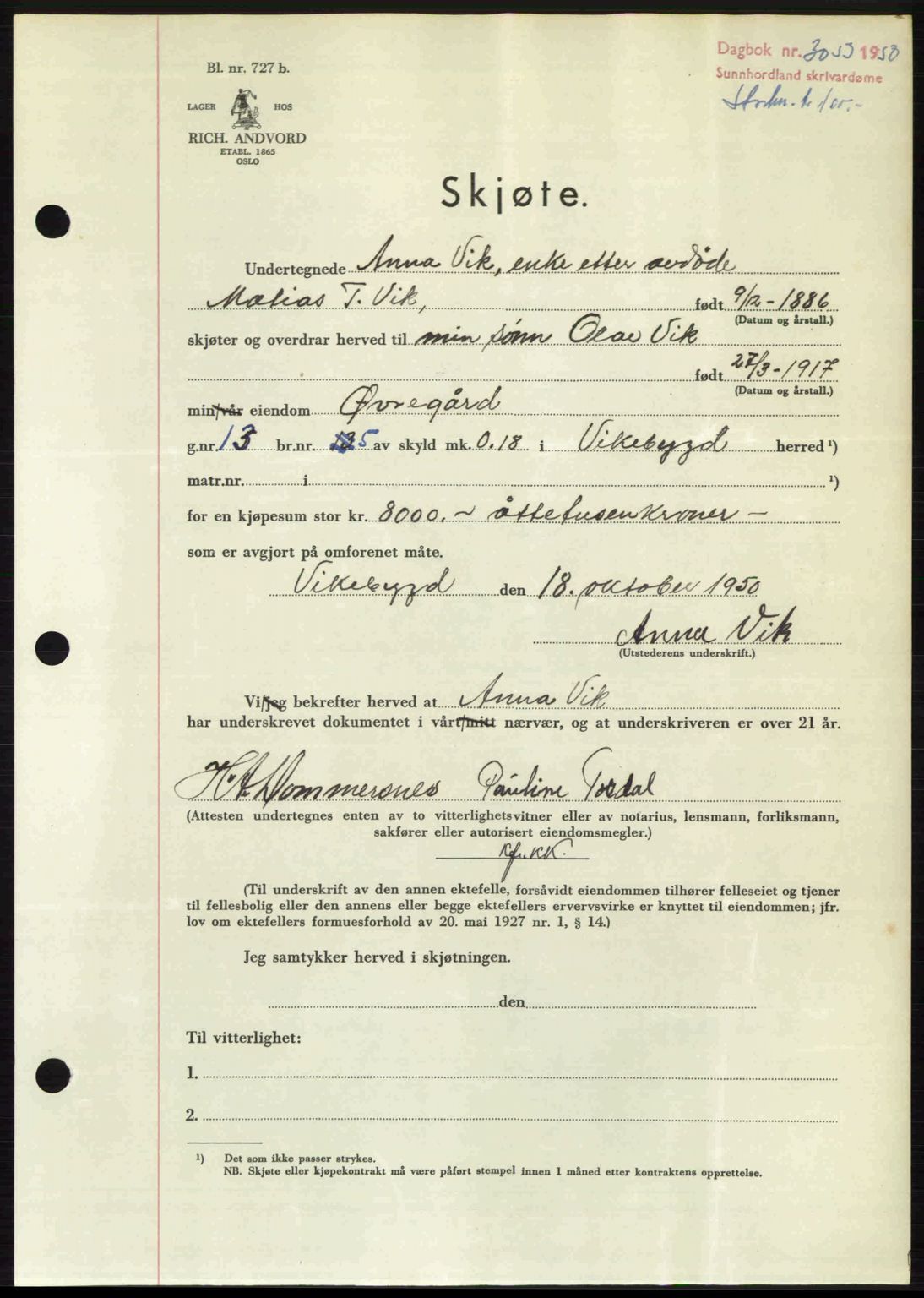 Sunnhordland sorenskrivar, AV/SAB-A-2401: Mortgage book no. A95, 1950-1950, Diary no: : 3053/1950