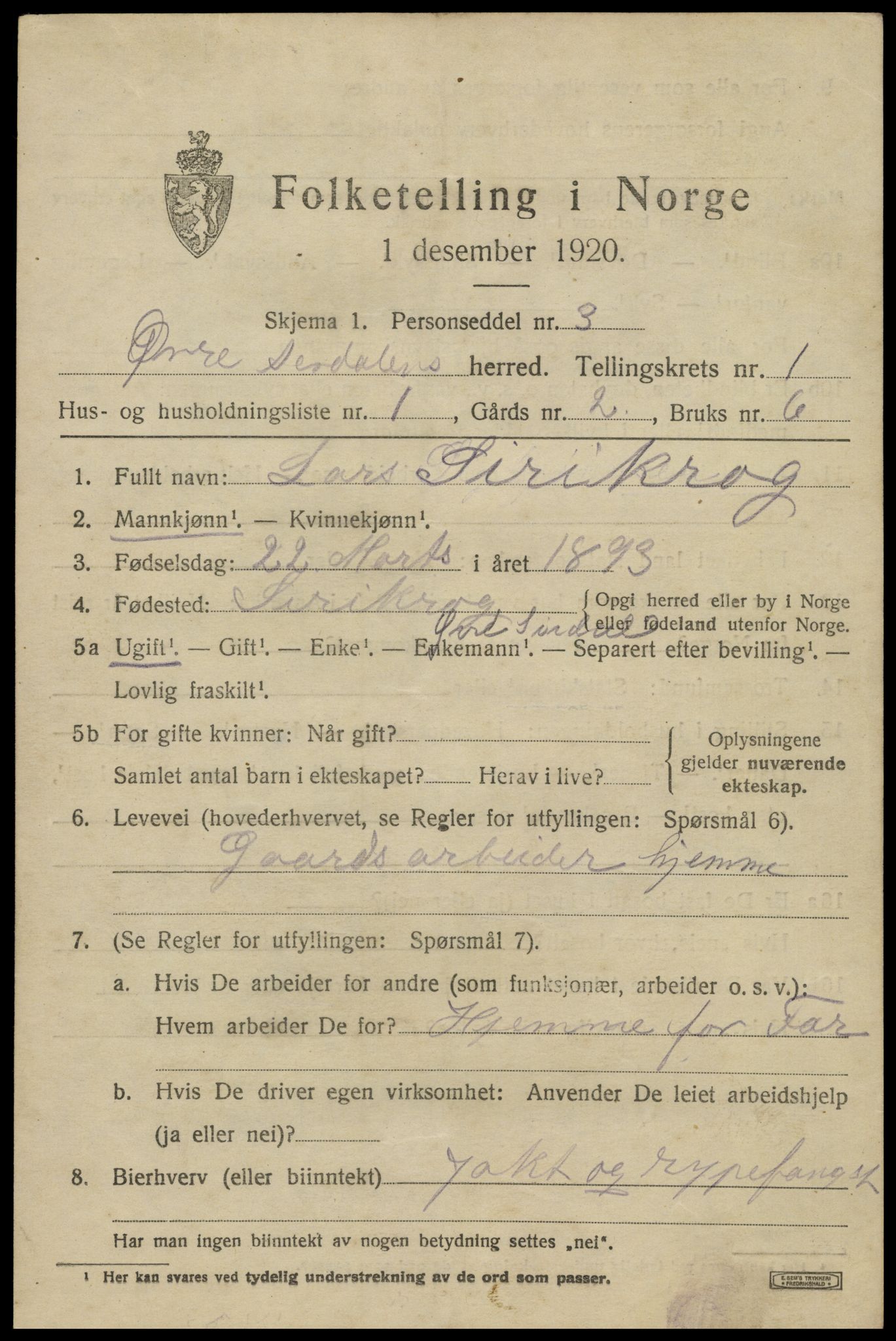 SAK, 1920 census for Øvre Sirdal, 1920, p. 335