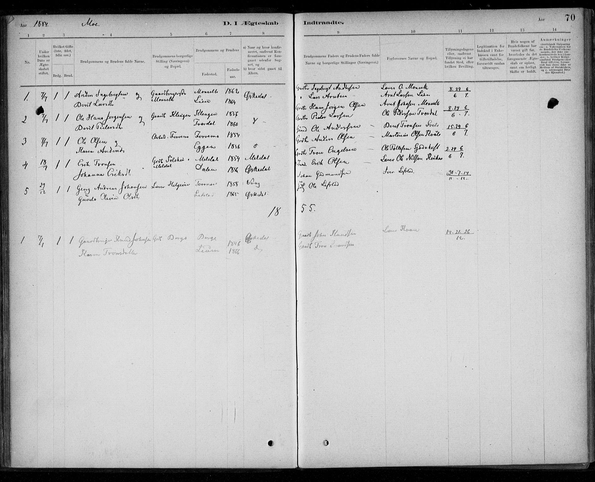 Ministerialprotokoller, klokkerbøker og fødselsregistre - Sør-Trøndelag, AV/SAT-A-1456/668/L0810: Parish register (official) no. 668A10, 1881-1894, p. 70