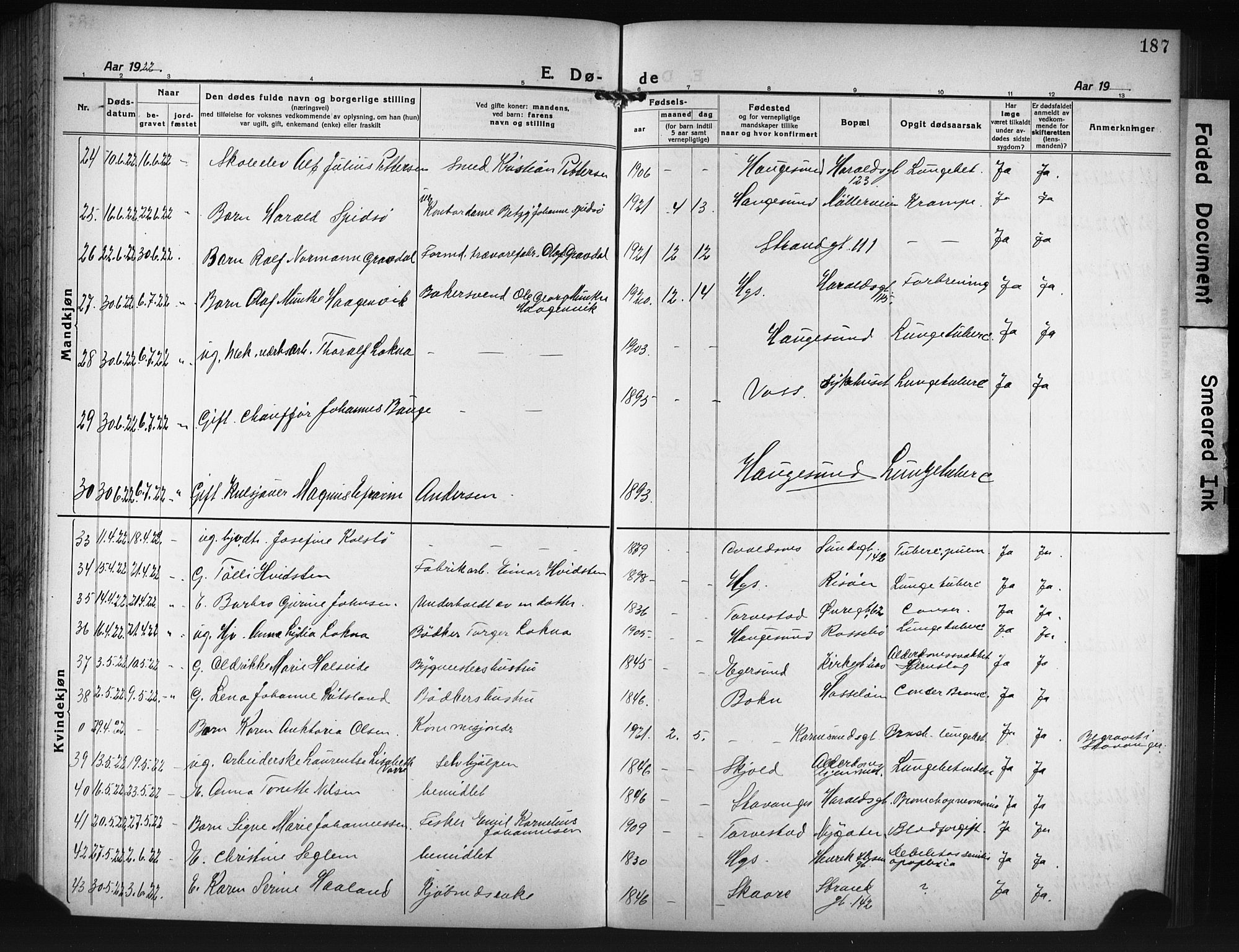 Haugesund sokneprestkontor, AV/SAST-A -101863/H/Ha/Hab/L0010: Parish register (copy) no. B 10, 1920-1931, p. 187