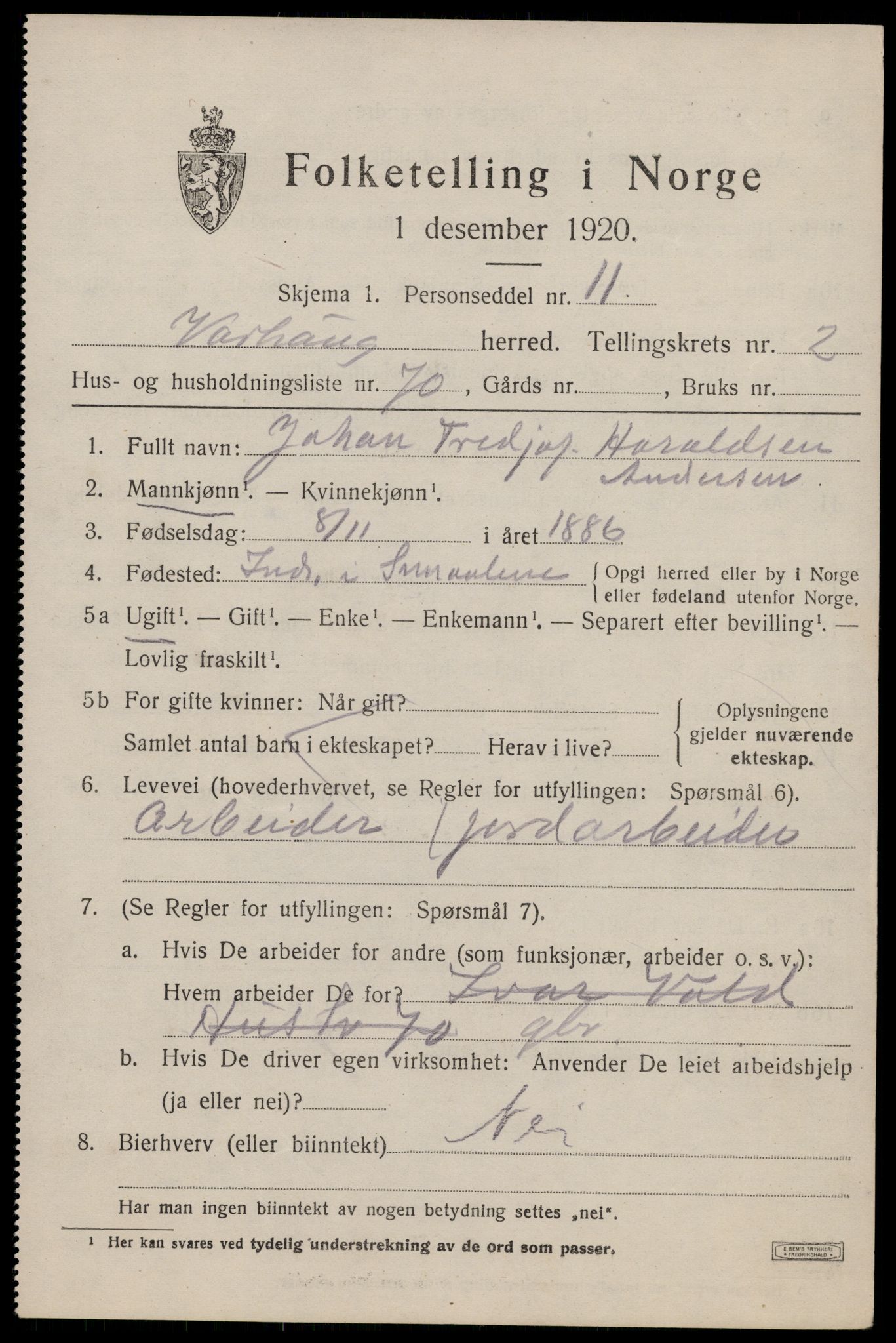 SAST, 1920 census for Varhaug, 1920, p. 2937