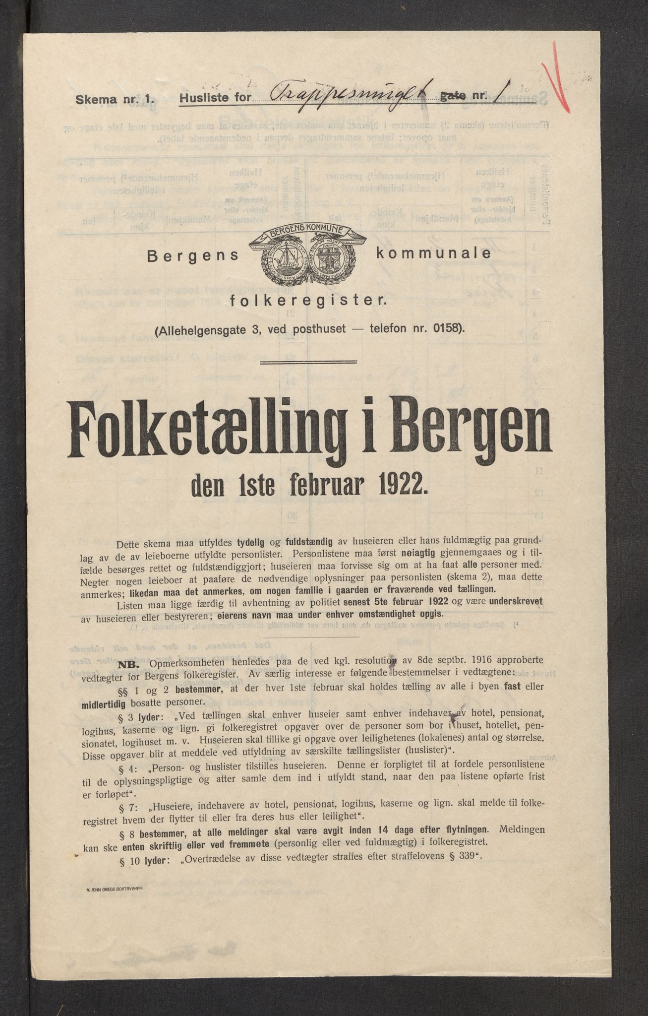 SAB, Municipal Census 1922 for Bergen, 1922, p. 44955
