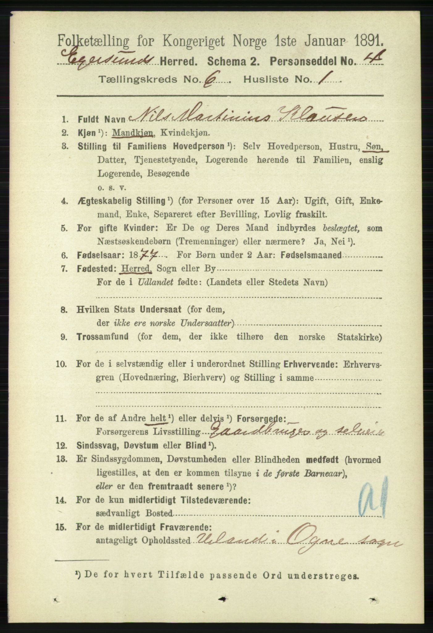 RA, 1891 census for 1116 Eigersund herred, 1891, p. 2277