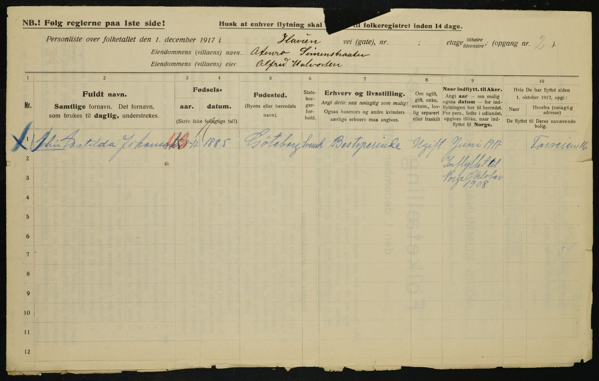 OBA, Municipal Census 1917 for Aker, 1917, p. 23818