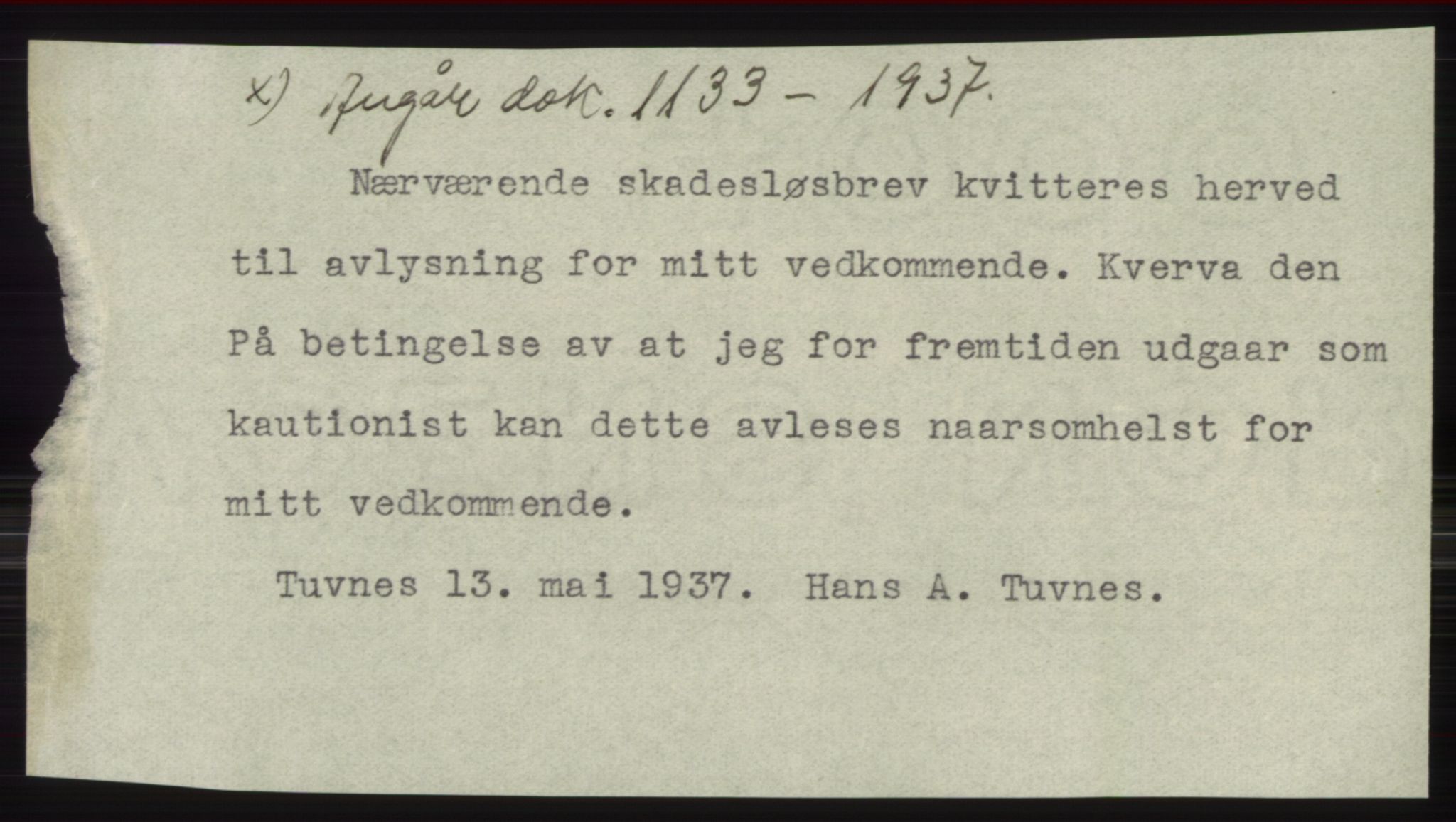 Hitra sorenskriveri, AV/SAT-A-0018/2/2C/2Ca: Mortgage book no. C1, 1936-1945, Diary no: : 1133/1937