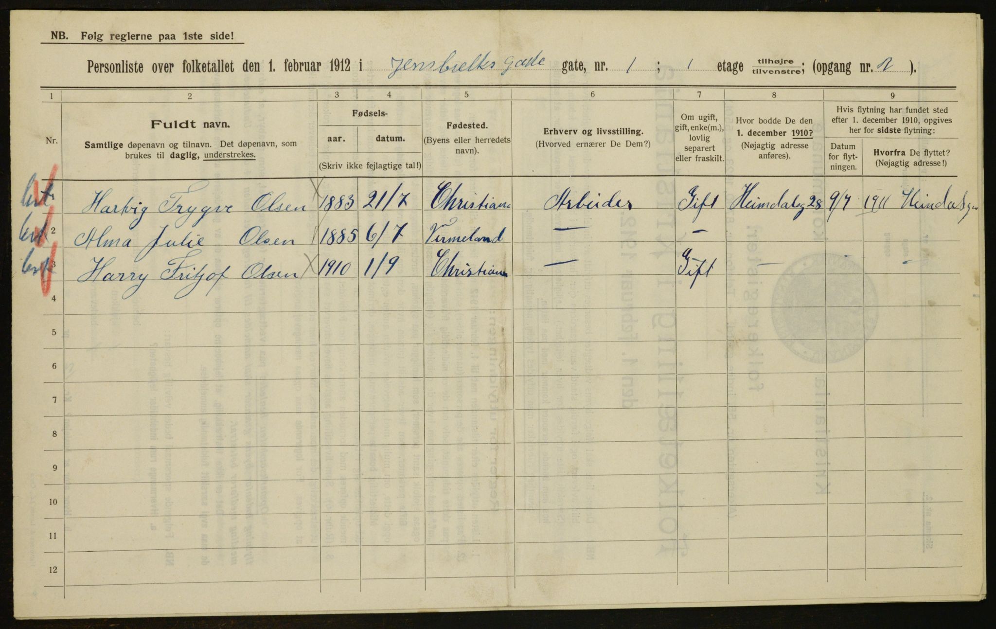 OBA, Municipal Census 1912 for Kristiania, 1912, p. 45815