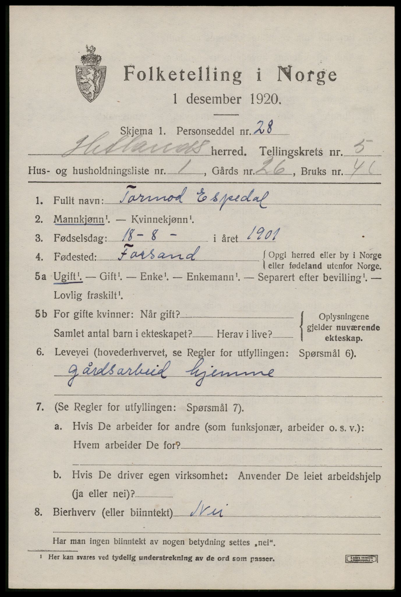 SAST, 1920 census for Hetland, 1920, p. 8207