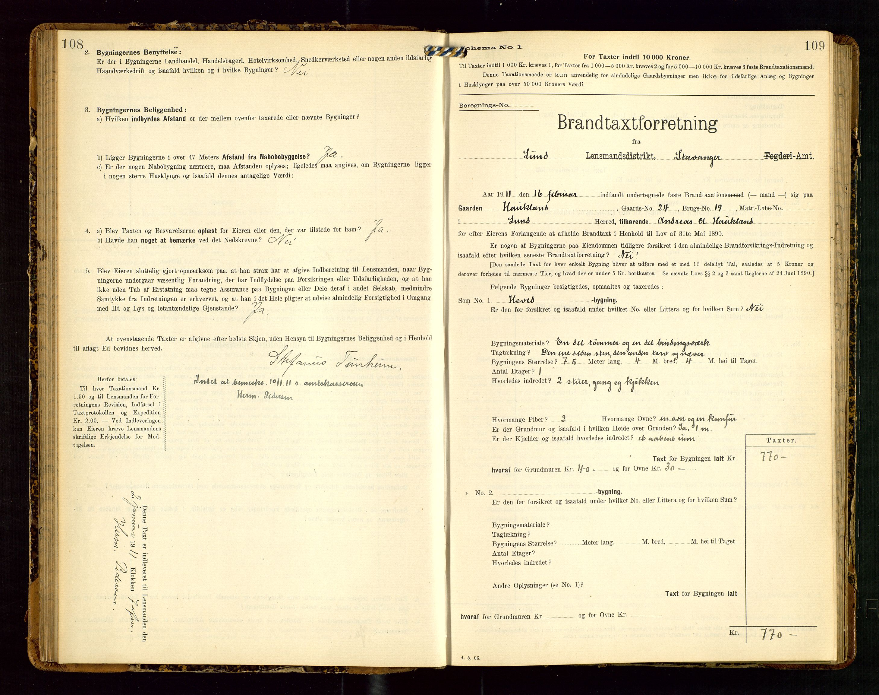 Lund lensmannskontor, SAST/A-100303/Gob/L0002: "Brandtakstprotokol", 1908-1918, p. 108-109