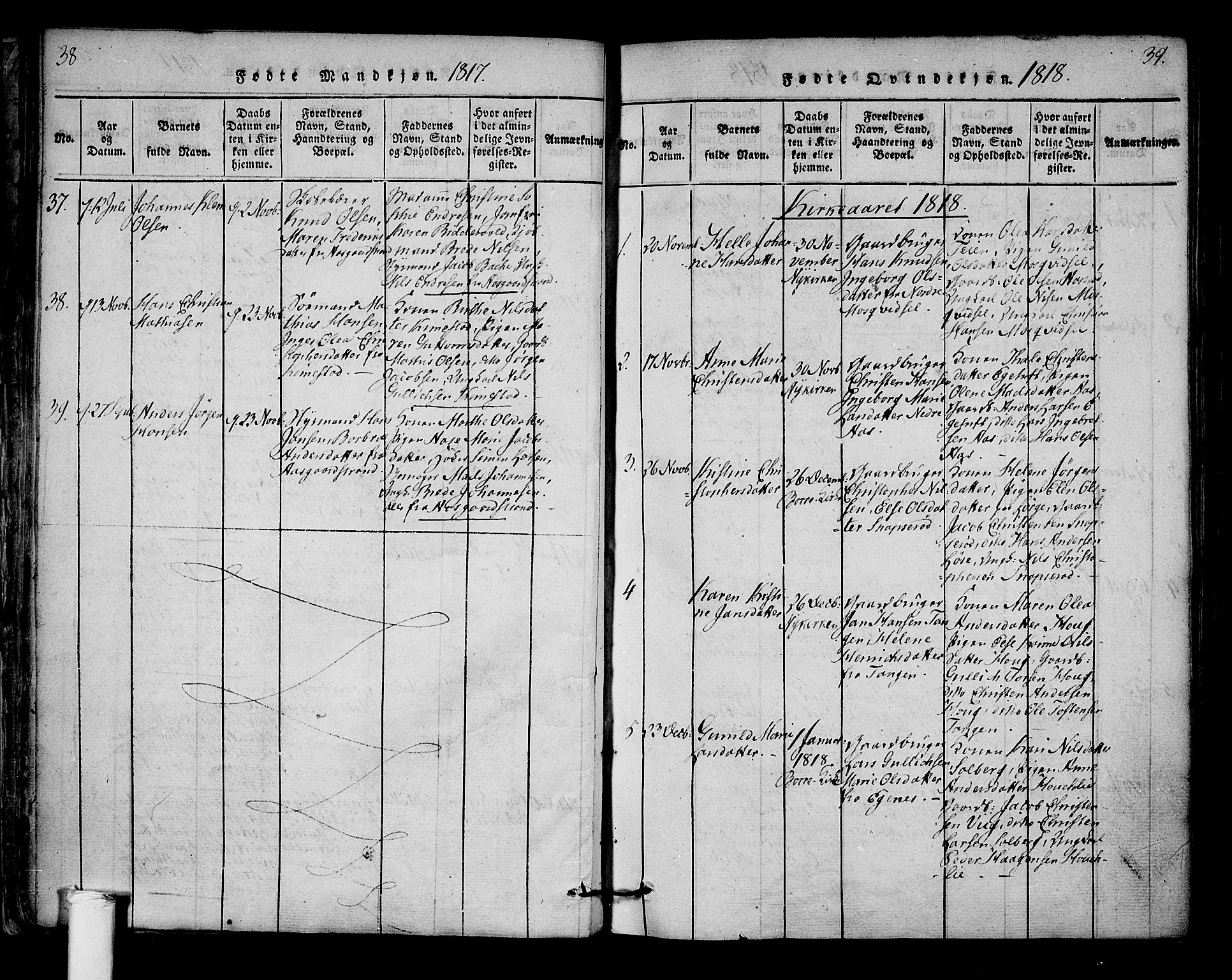 Borre kirkebøker, SAKO/A-338/F/Fa/L0004: Parish register (official) no. I 4, 1815-1845, p. 38-39