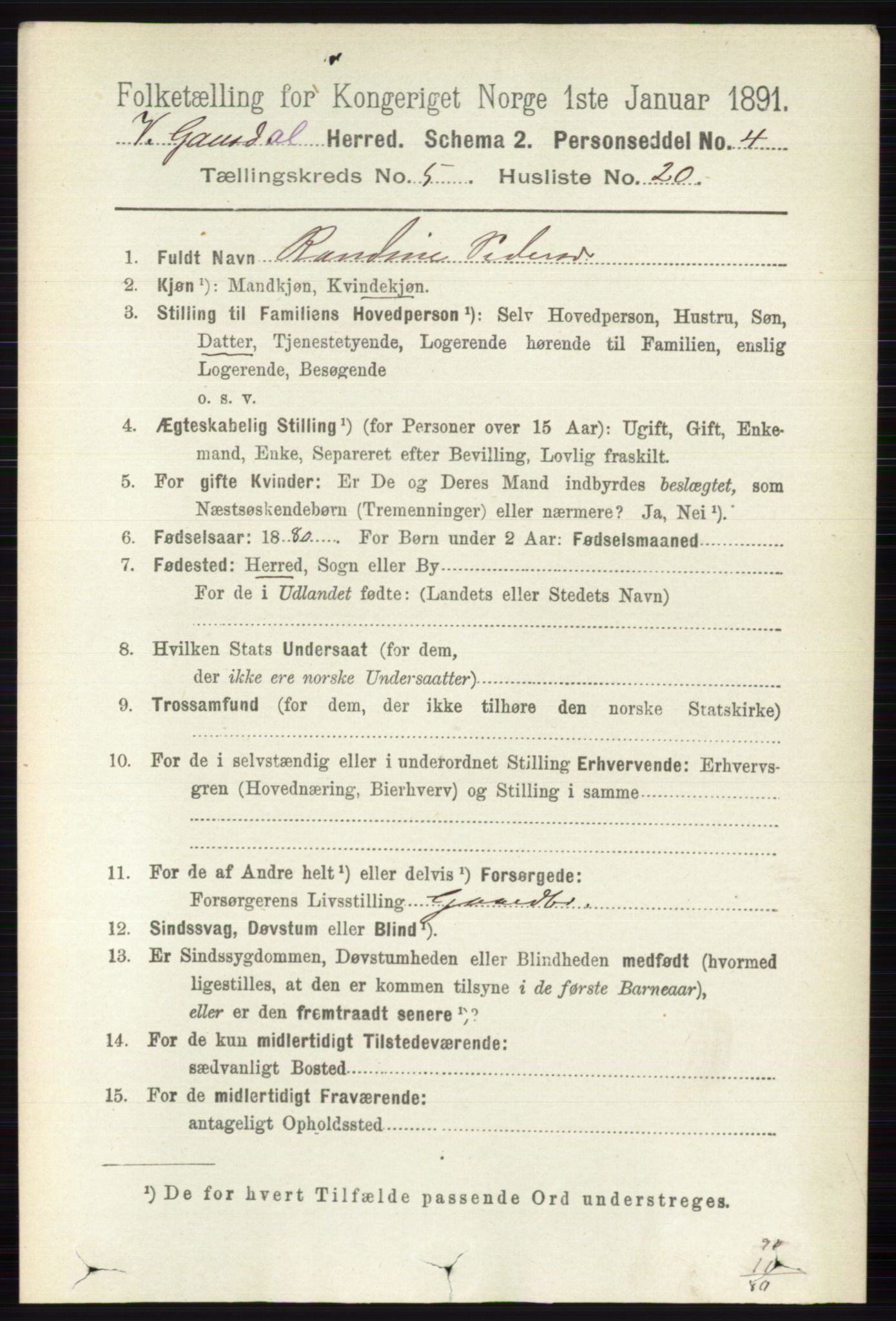 RA, 1891 census for 0523 Vestre Gausdal, 1891, p. 2274