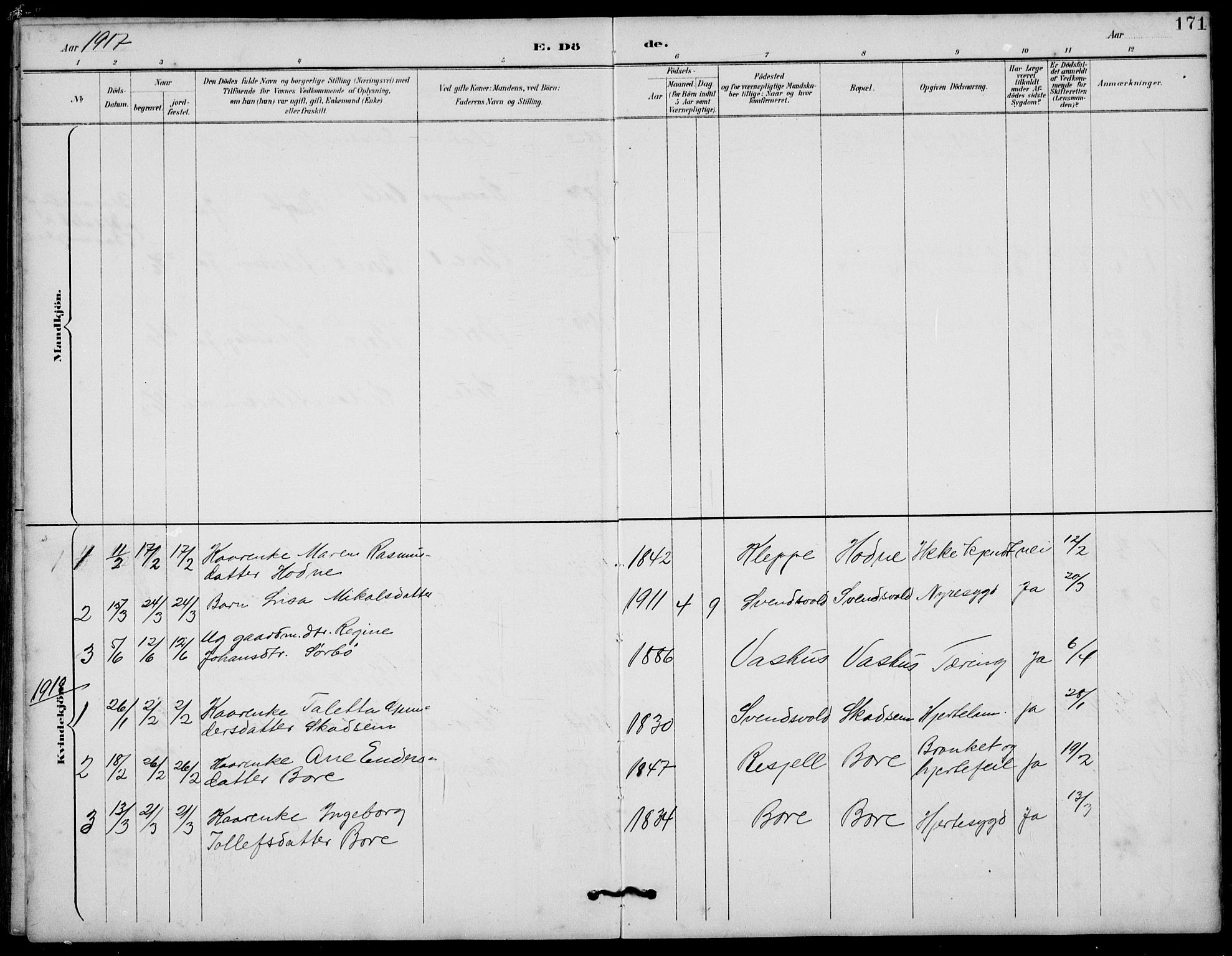 Klepp sokneprestkontor, AV/SAST-A-101803/001/3/30BB/L0006: Parish register (copy) no. B 6, 1889-1936, p. 171