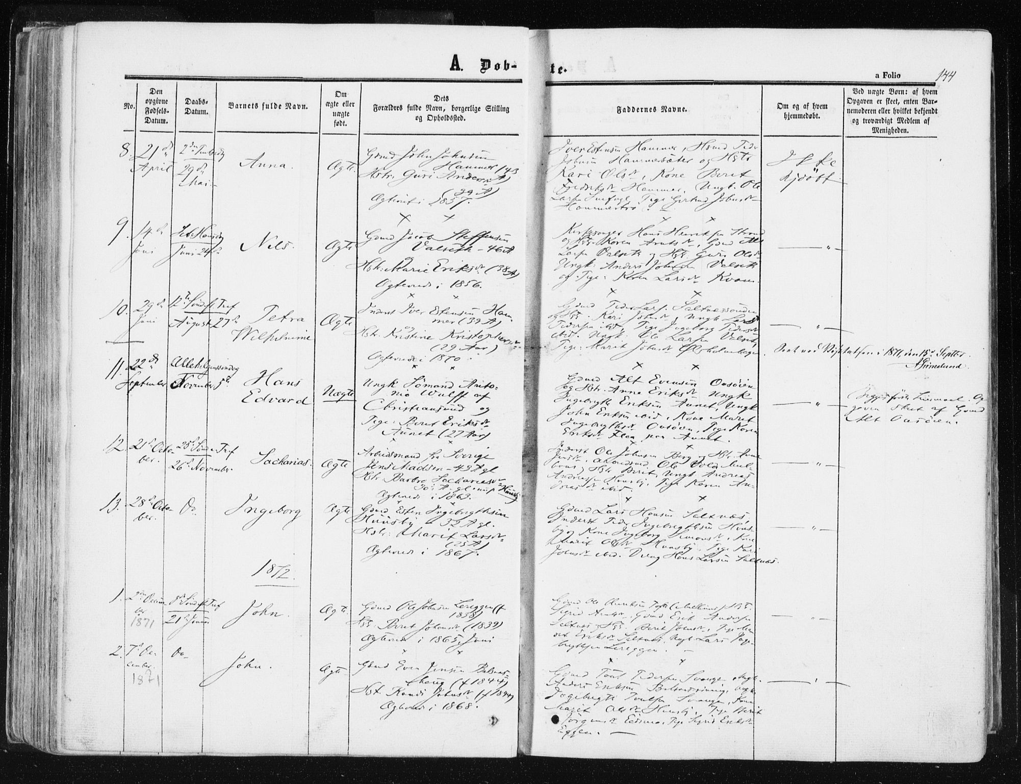 Ministerialprotokoller, klokkerbøker og fødselsregistre - Sør-Trøndelag, SAT/A-1456/612/L0377: Parish register (official) no. 612A09, 1859-1877, p. 144