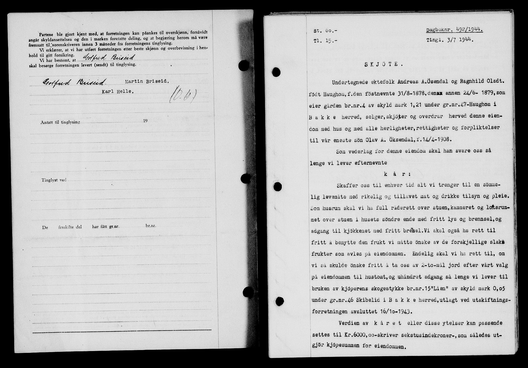 Flekkefjord sorenskriveri, SAK/1221-0001/G/Gb/Gba/L0059: Mortgage book no. A-7, 1944-1945, Diary no: : 492/1944