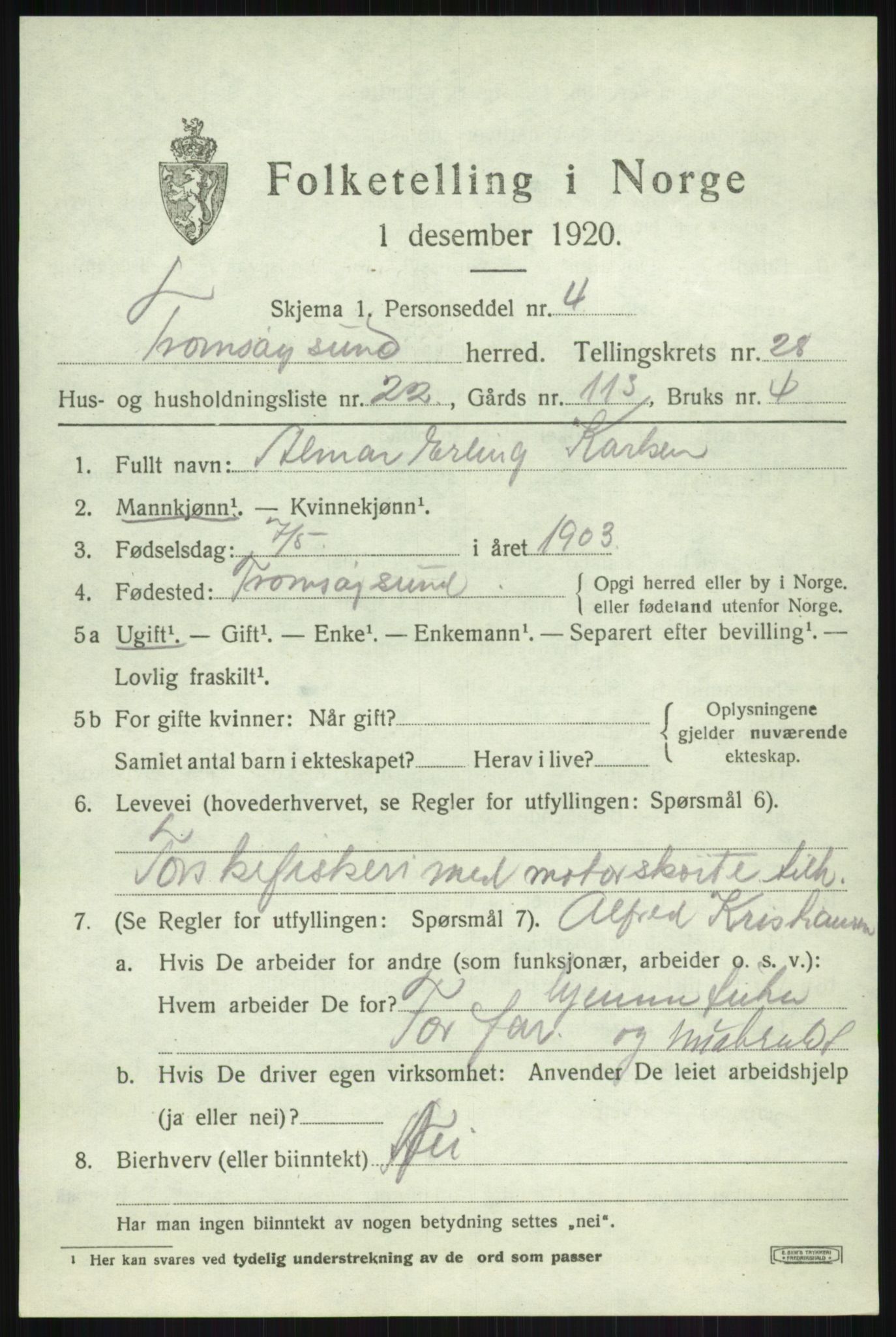 SATØ, 1920 census for Tromsøysund, 1920, p. 13020