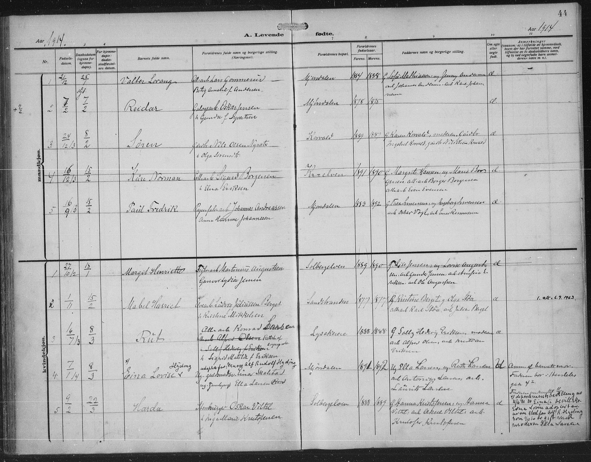 Nedre Eiker kirkebøker, AV/SAKO-A-612/F/Fa/L0007: Parish register (official) no. 7, 1912-1918, p. 44