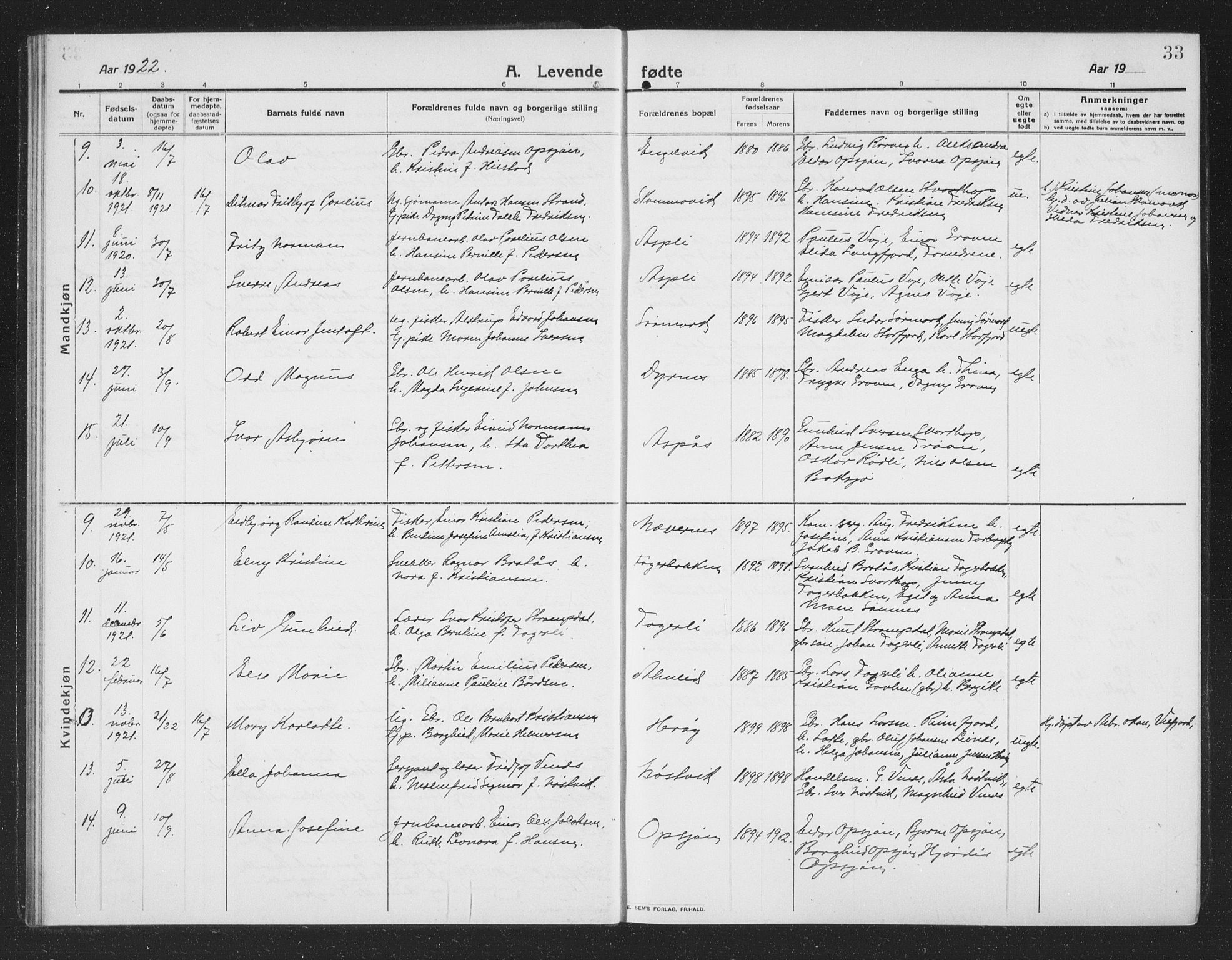 Ministerialprotokoller, klokkerbøker og fødselsregistre - Nordland, AV/SAT-A-1459/814/L0231: Parish register (copy) no. 814C04, 1912-1926, p. 33