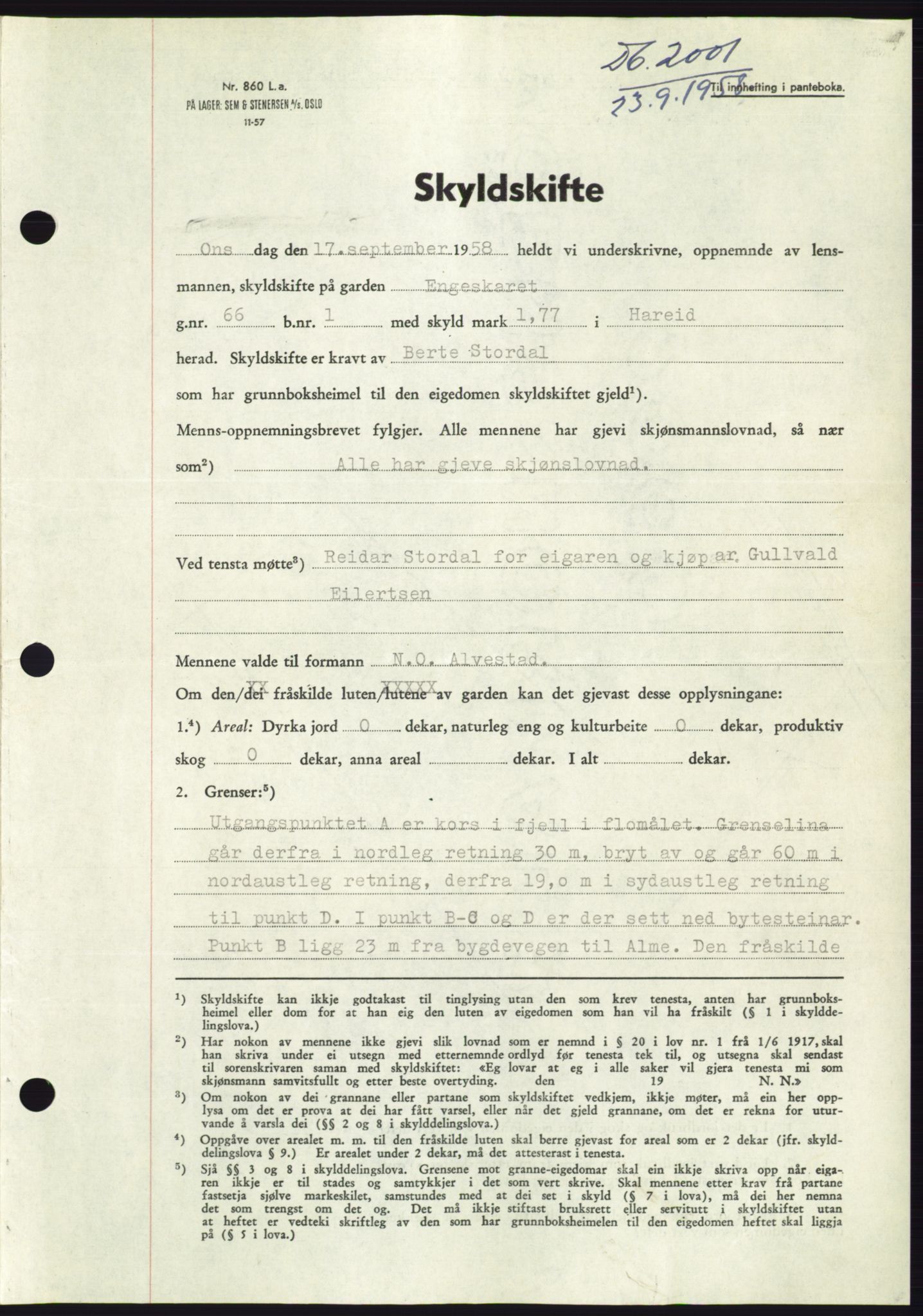 Søre Sunnmøre sorenskriveri, AV/SAT-A-4122/1/2/2C/L0110: Mortgage book no. 36A, 1958-1958, Diary no: : 2001/1958