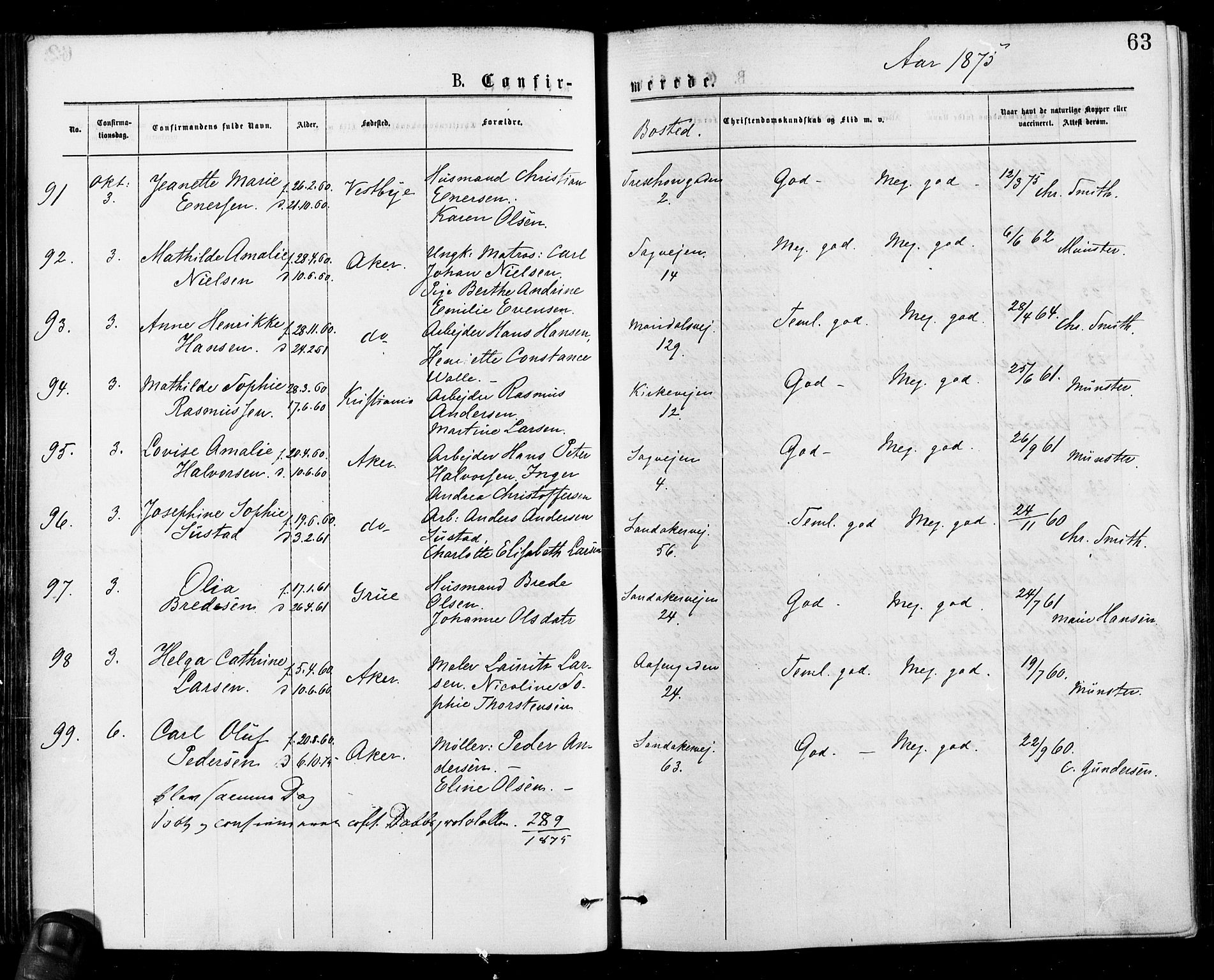 Gamle Aker prestekontor Kirkebøker, AV/SAO-A-10617a/F/L0005: Parish register (official) no. 5, 1873-1881, p. 63