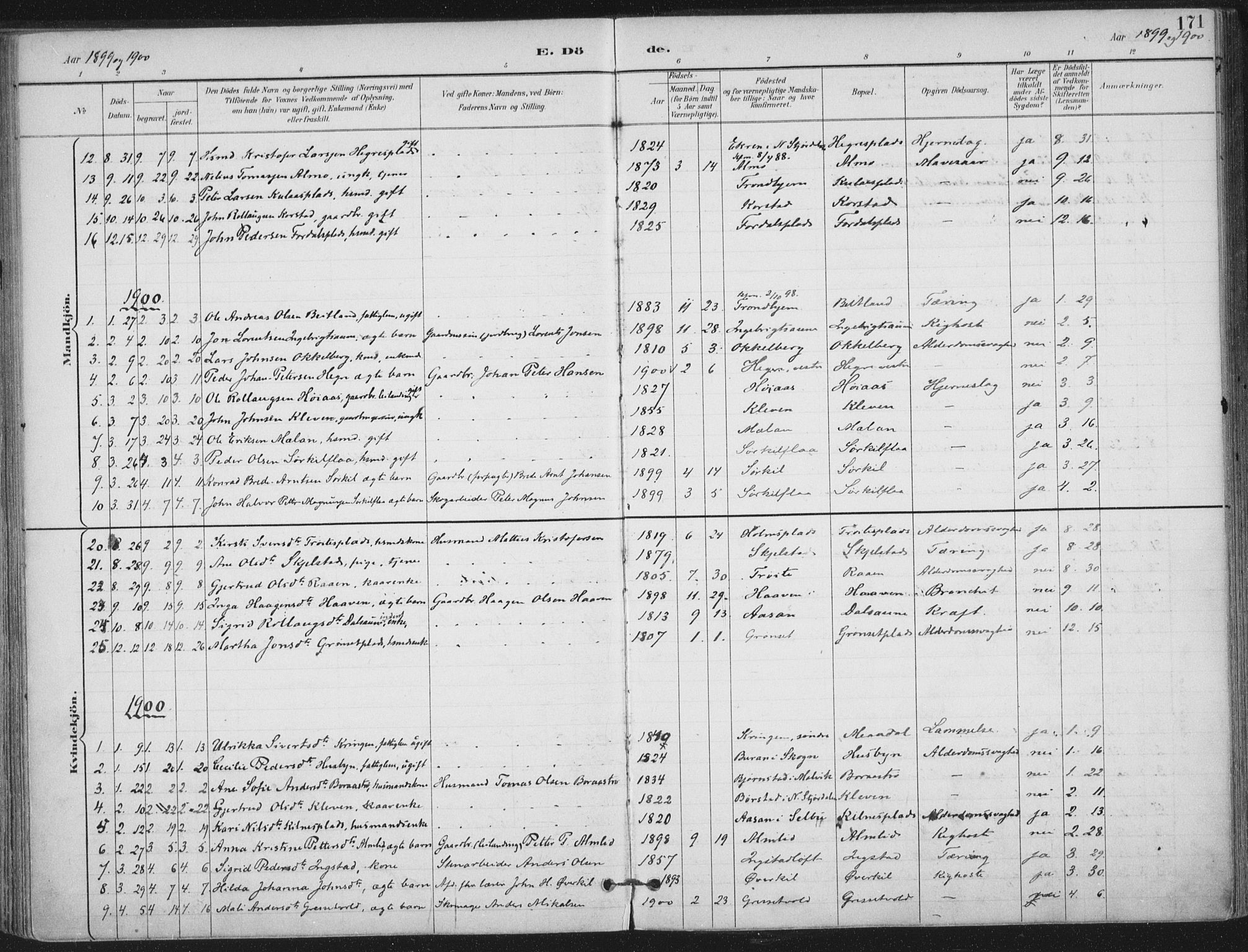 Ministerialprotokoller, klokkerbøker og fødselsregistre - Nord-Trøndelag, SAT/A-1458/703/L0031: Parish register (official) no. 703A04, 1893-1914, p. 171