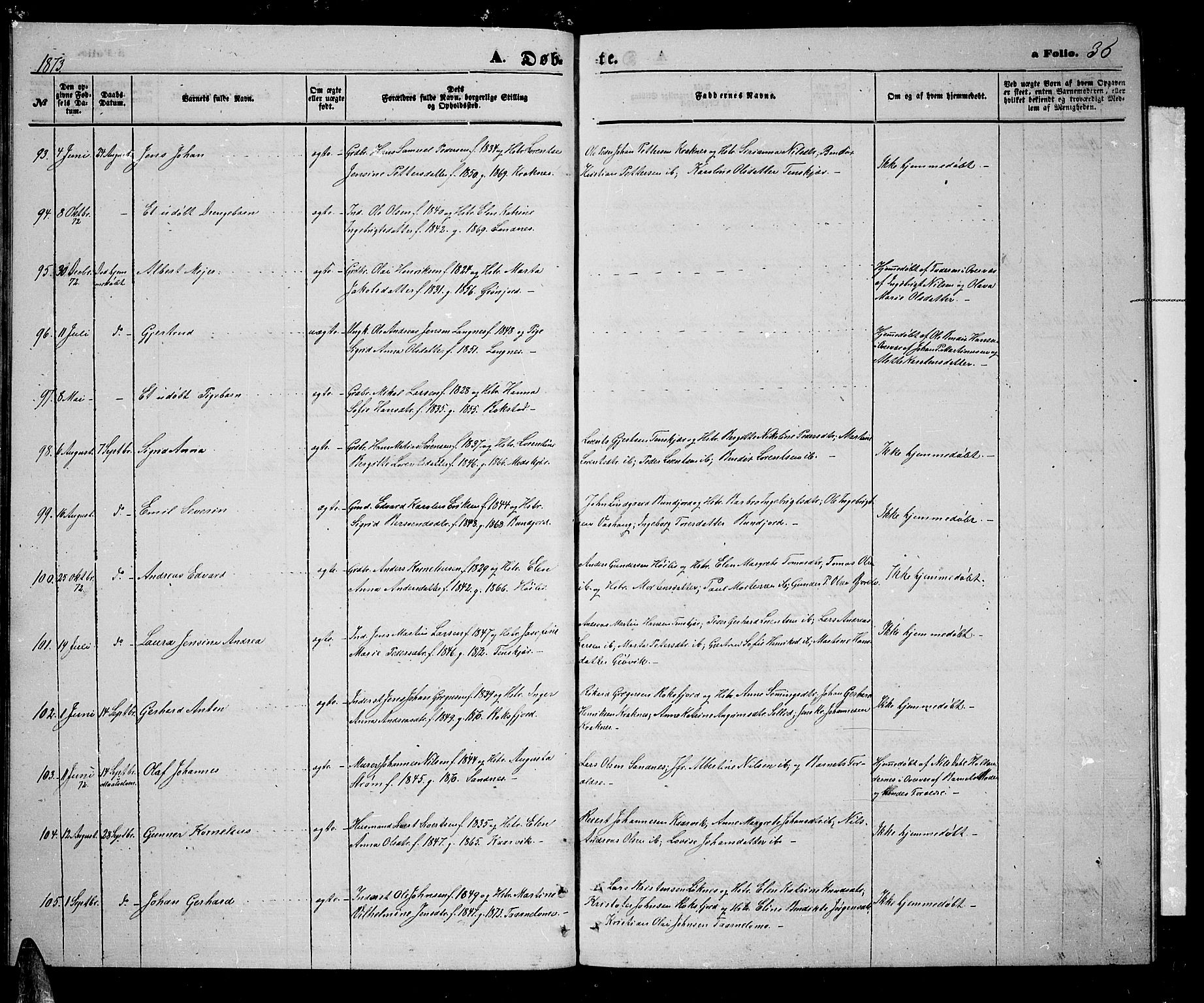 Lenvik sokneprestembete, AV/SATØ-S-1310/H/Ha/Hab/L0005klokker: Parish register (copy) no. 5, 1870-1880, p. 36