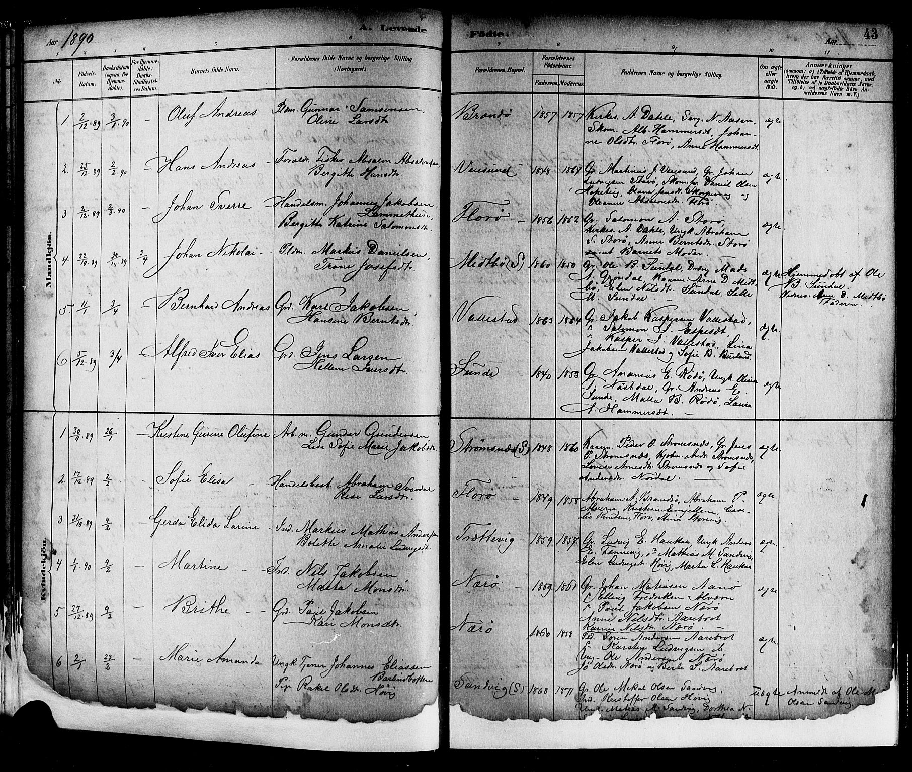 Kinn sokneprestembete, AV/SAB-A-80801/H/Hab/Haba/L0002: Parish register (copy) no. A 2, 1882-1906, p. 43