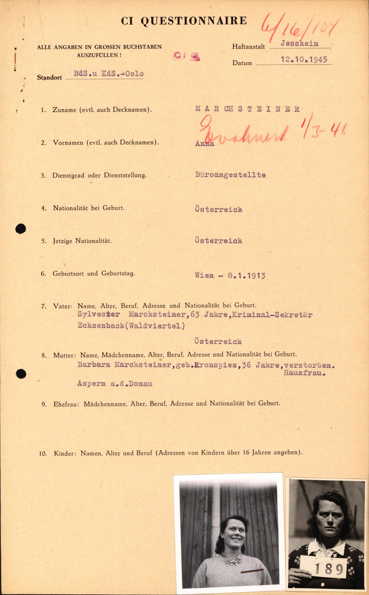 Forsvaret, Forsvarets overkommando II, AV/RA-RAFA-3915/D/Db/L0039: CI Questionaires. Tyske okkupasjonsstyrker i Norge. Østerrikere., 1945-1946, p. 376