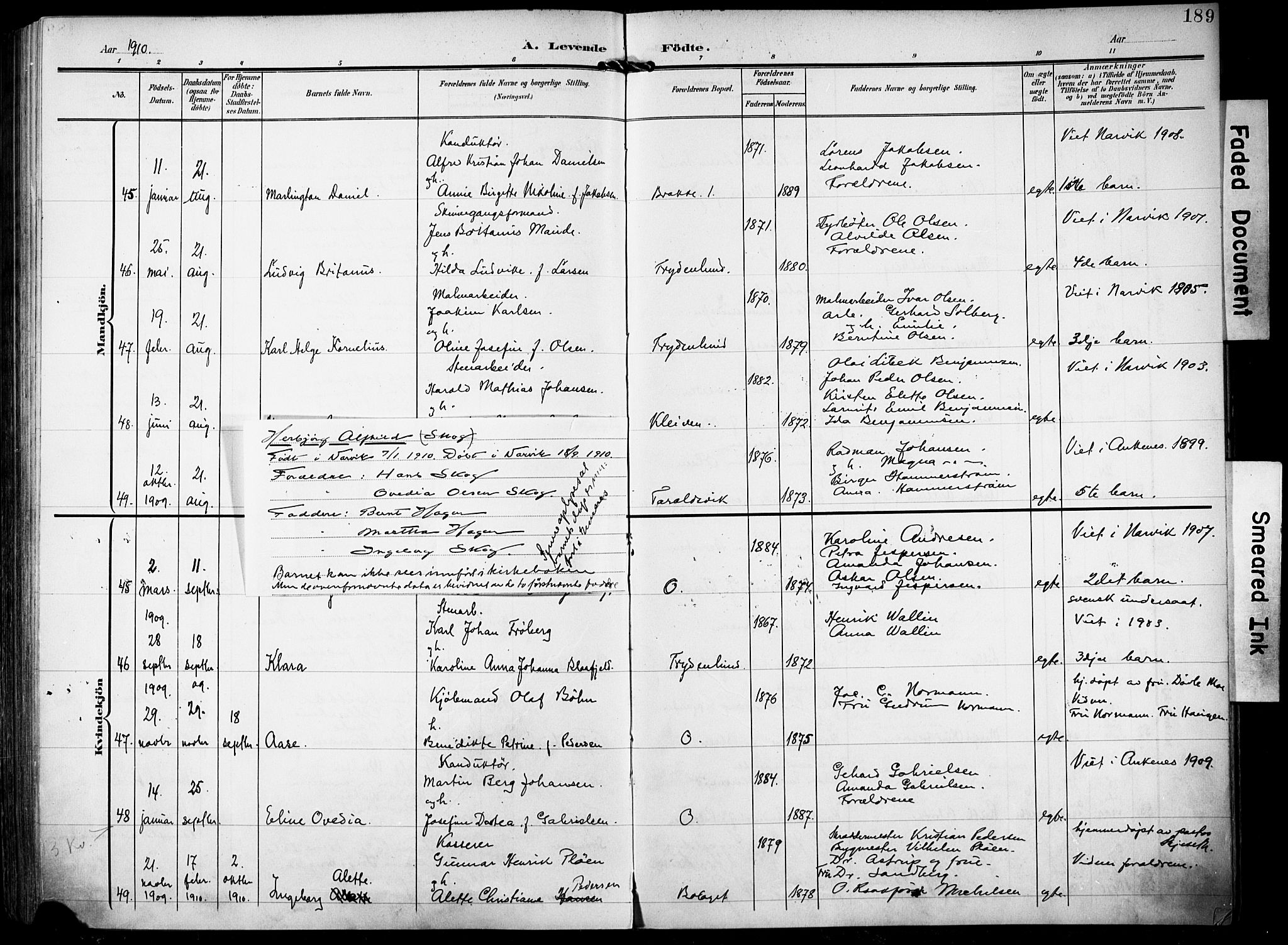 Ministerialprotokoller, klokkerbøker og fødselsregistre - Nordland, AV/SAT-A-1459/871/L0994: Parish register (official) no. 871A10, 1902-1910, p. 189